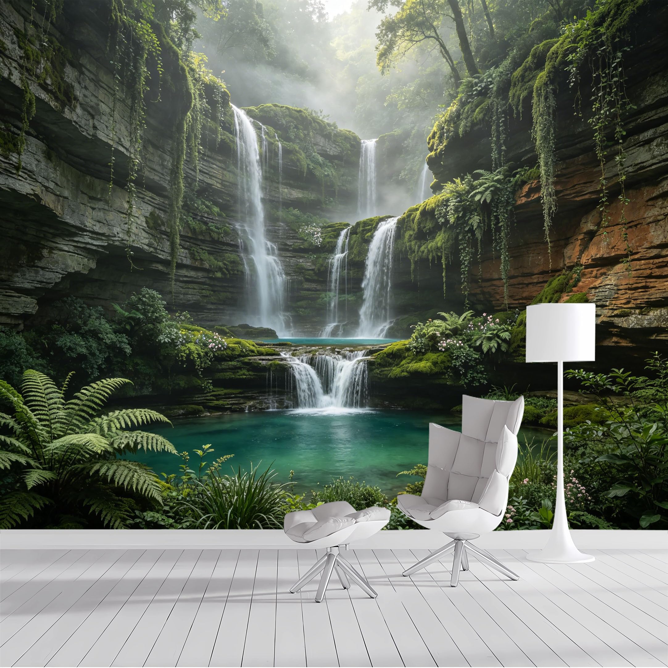 Custom Size Wall Mural Lush Tropical Waterfall Serene Jungle Landscape Realistic Painting SelfAdhesive Wall Fabric Removable Peel and Stick Wallpaper for Living Room Bedroom Bathroom