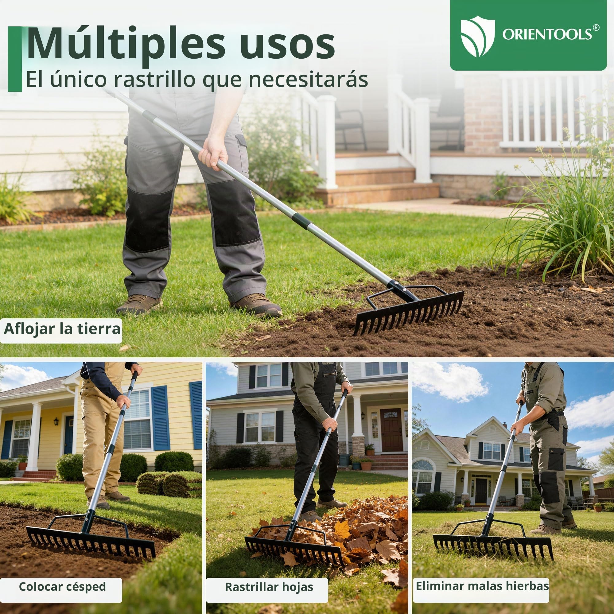 ORIENTOOLS Rastrillo de jardín, resistente, 44 cm de ancho x 160 cm de alto, verde, 1,7 kg