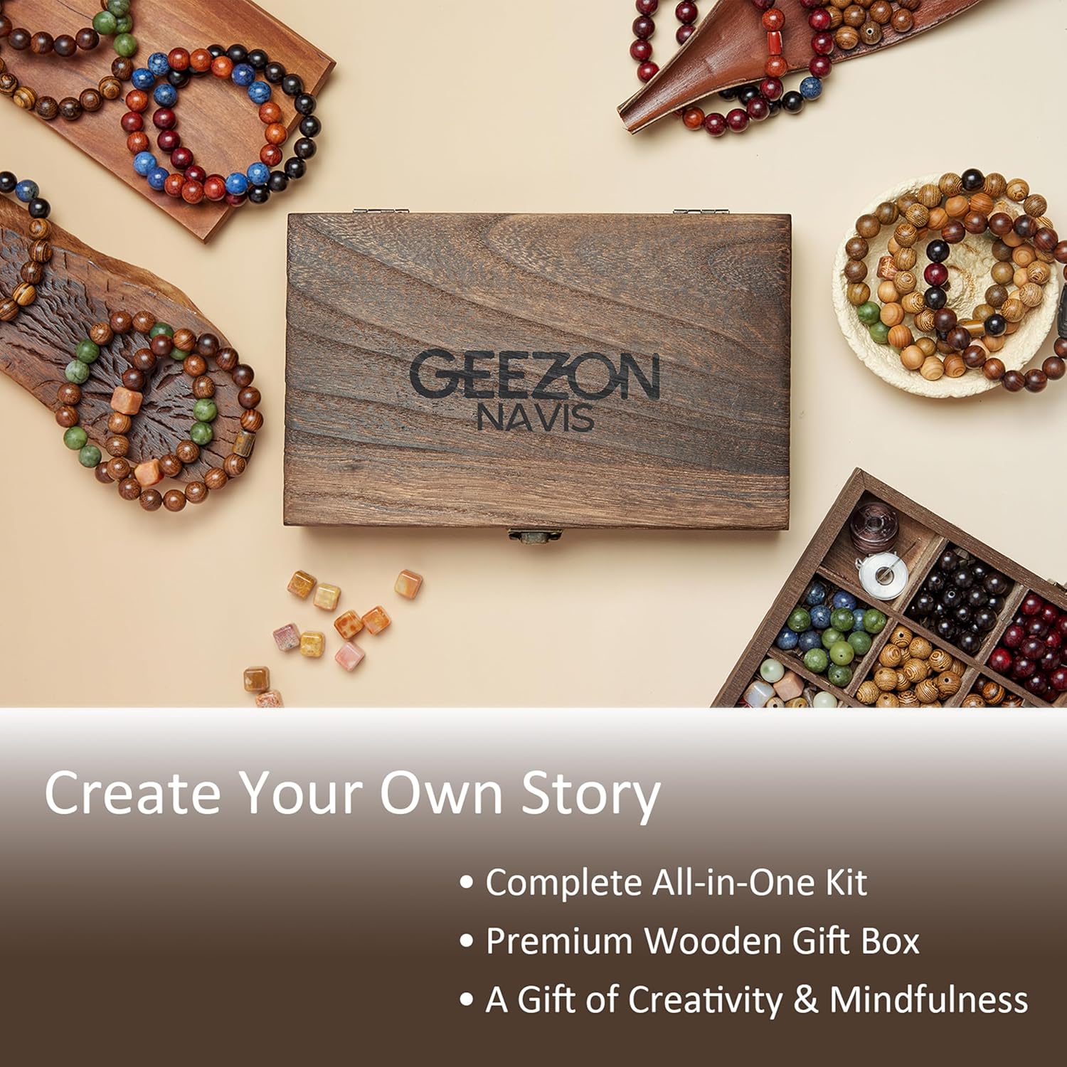 Geezon Navis Bracelet Making Kit - 10mm Natural Wooden Beads with Letters & Stone Beads - 296pcs in 16 Colors - DIY Jewelry Making Starter Kit Adult Men Women Birthday Gift Craft - Image 6