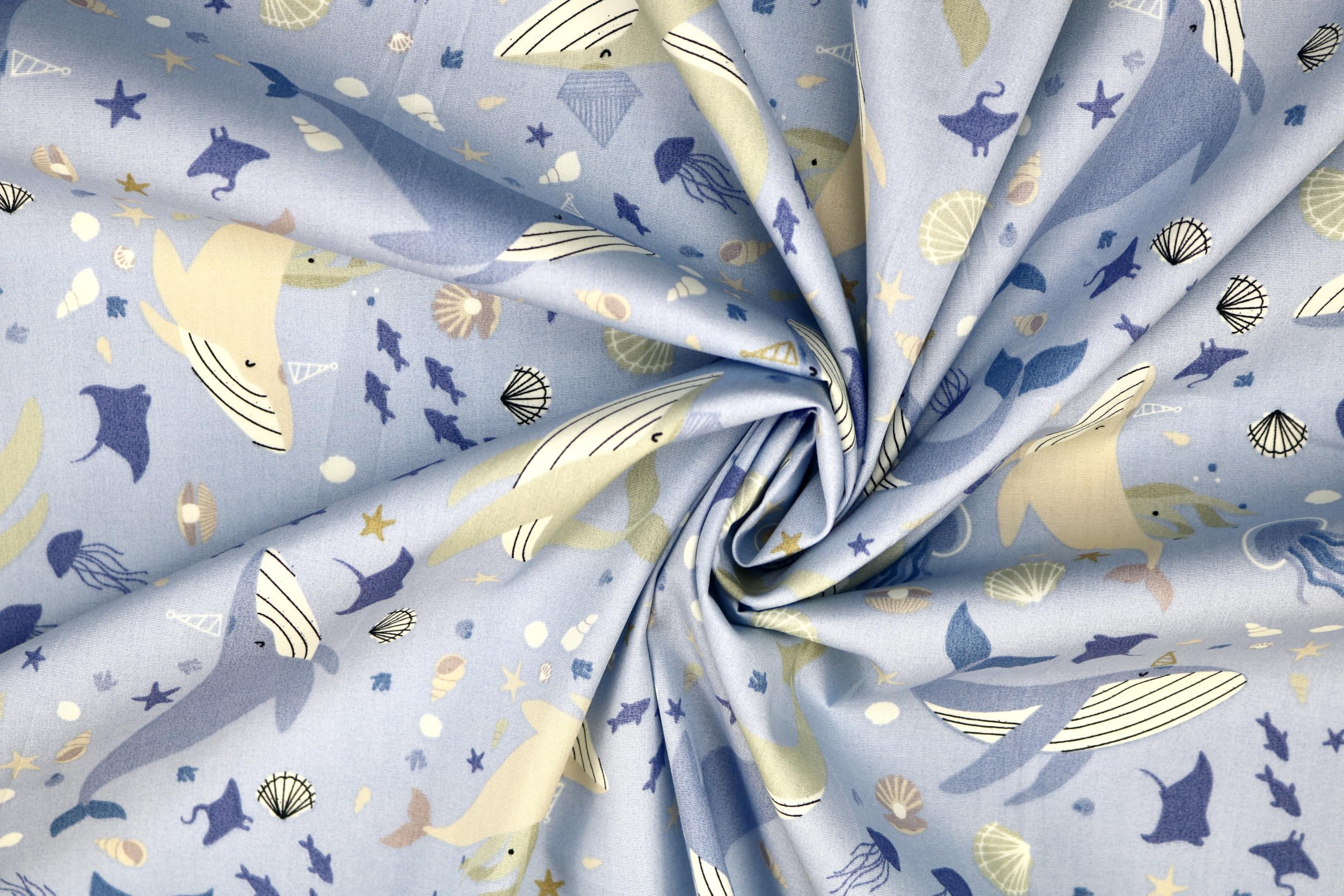 Pyrhan Cotton Fabric By Rose & Hubble | Shark & Whales in Ocean Printed Cotton Fabric By The Metre UK |45 inches (114 cm)| Crafting Fabric & Dressmaking Fabric | Dress Fabric Material (Sky)