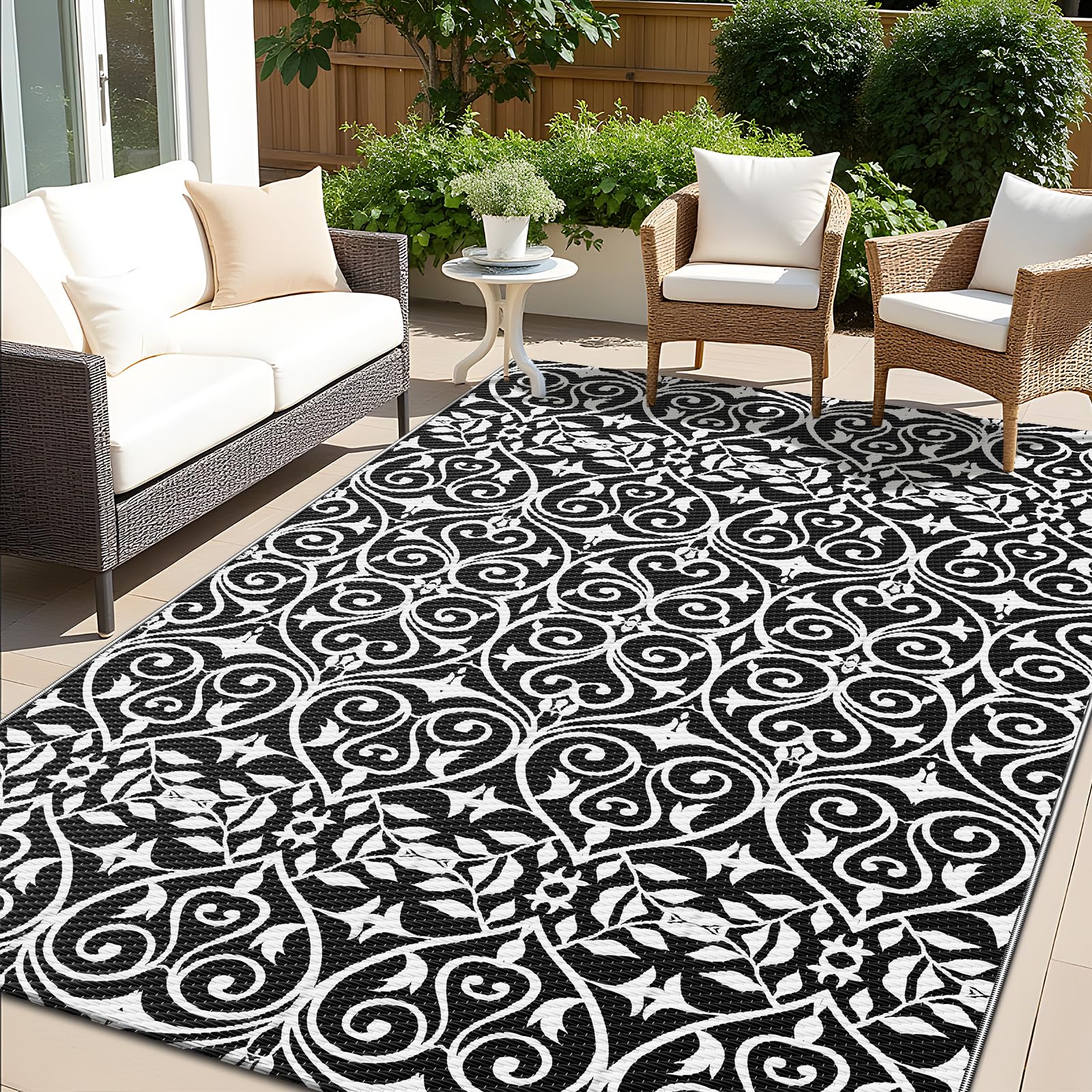 OLANLY Outdoor Rug Waterproof 5x8 ft Clearance, Reversible Plastic Straw Rug with Floral Pattern, RV Mat for Patio, Camping, Balcony, Deck, Backyard, Black & White-image-35