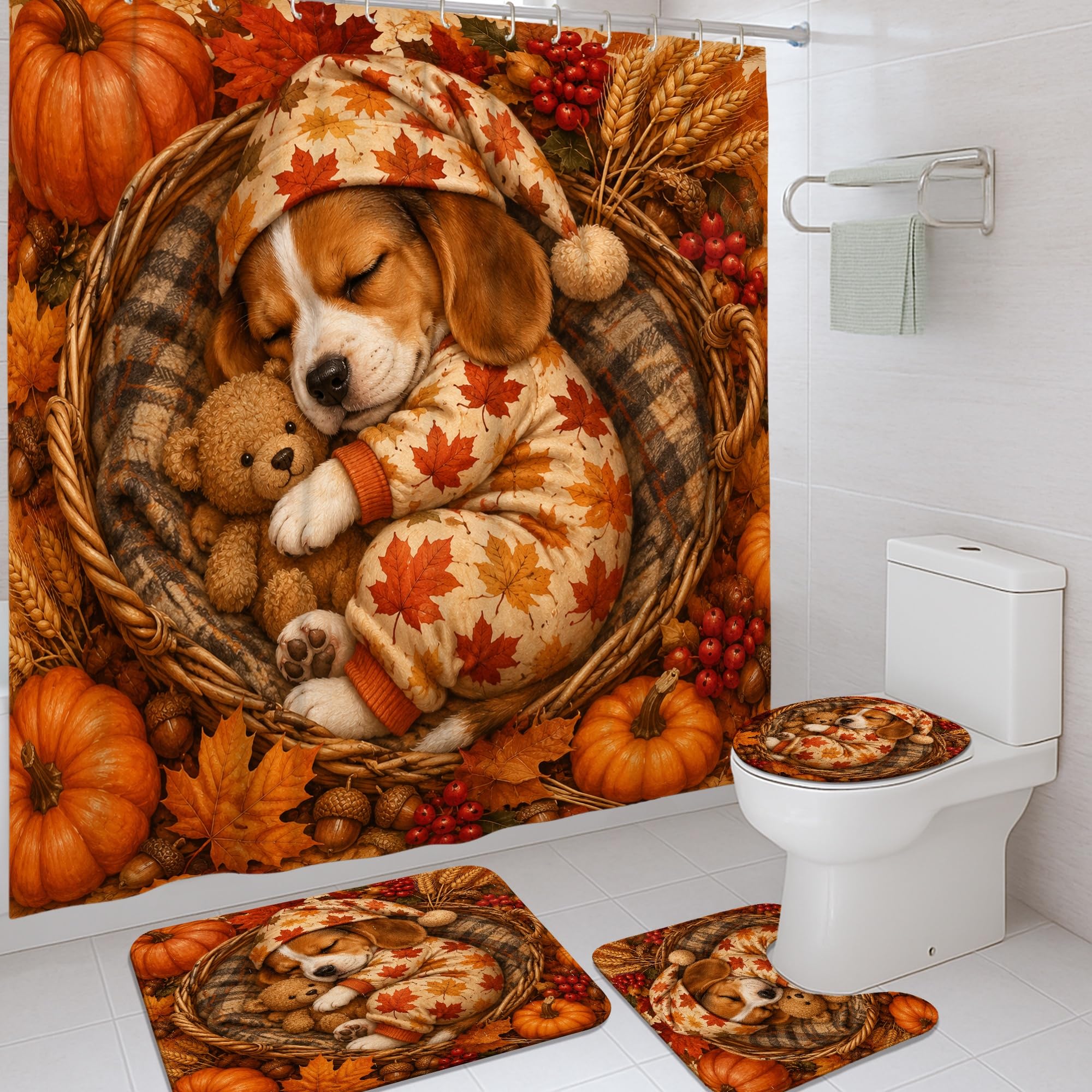 Rideau de douche automne avec crochets au tissu robuste motif ours et citrouilles