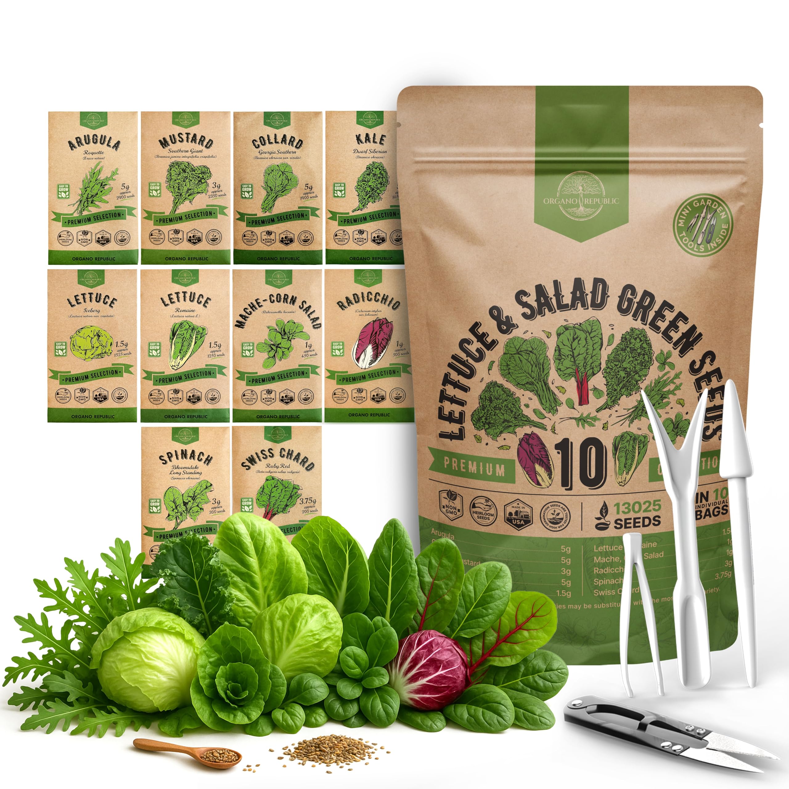 Organo Republic 10 Lettuce & Salad Greens Seeds Variety Pack 13000+ Non-GMO Heirloom Lettuce Seeds for Planting Indoors & Outdoors Garden, Hydroponics - Arugula, Radicchio, Kale, Spinach, Swiss Chard