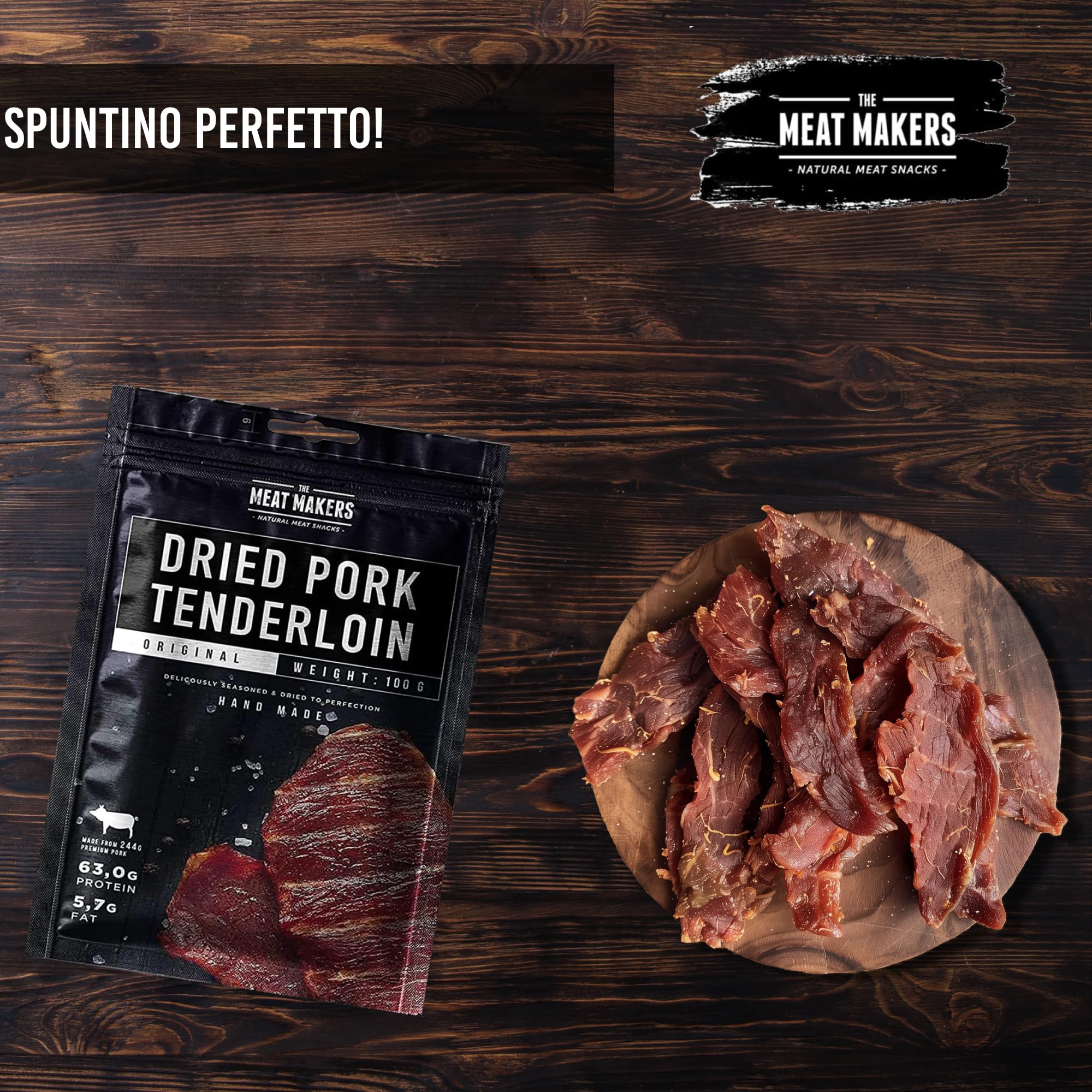 THE MEAT MAKERS - Dried Pork Tenderloin Pork Jerky 500g - Carne di Maiale Jerky, Carne Essiccata Per Umani, Protein Snack, Carne Secca Proteica. Ottima alternativa snack di carne essiccata beef jerky