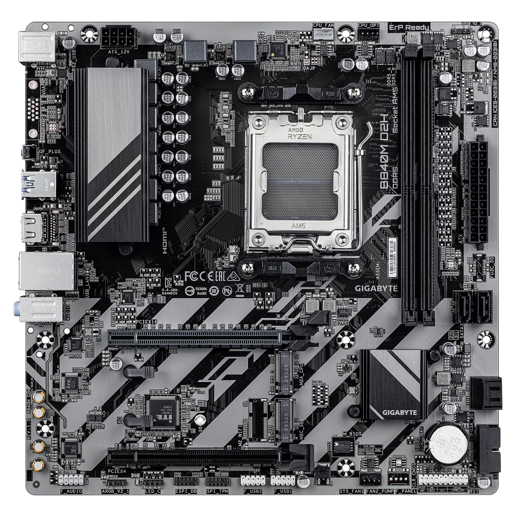 GIGABYTE B840M D2H Scheda madre - CPU AMD Ryzen 9000, VRM a 5+2+2 fasi, fino a 7600 MHz DDR5, 1xPCIe 4.0 + 1xPCIe 3.0 M.2, LAN 2.5GbE, USB 3.2 Gen 1