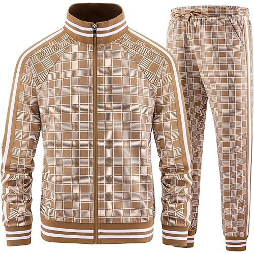 Men Tracksuits Full-zip Long Sleeve Plaid Track Jackets and Pants 2 Piece