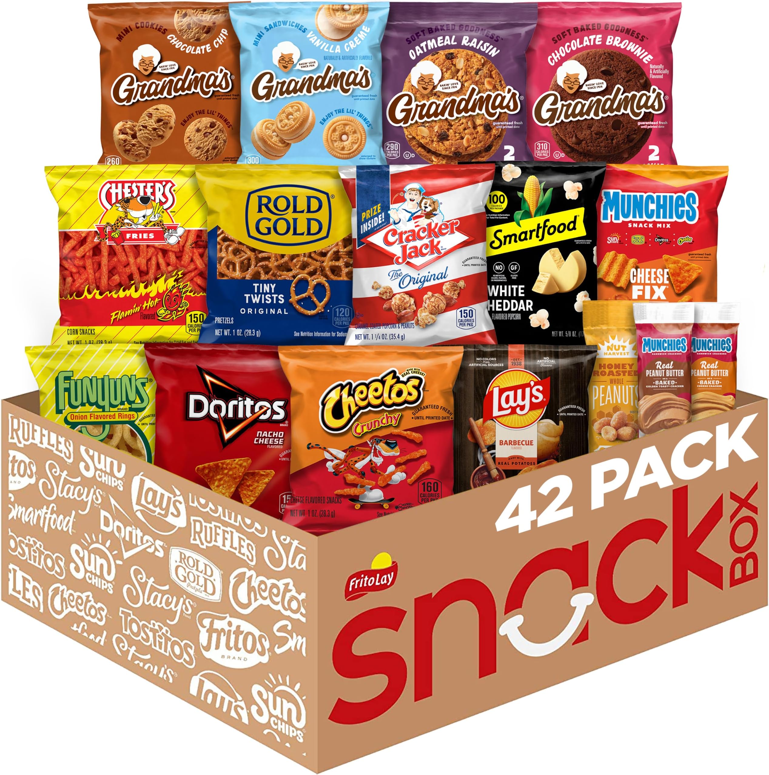 Frito-Lay Ultimate Snack Care Package, Favorites Mix, Variety Assortment of Chips, Cookies, Crackers & More, 40 Count | Variety of Chips, Cookies, Crackers, Popcorn, and Nuts from Grandma's, Lay's, Doritos, Cheetos, Smartfood, Munchies, and more