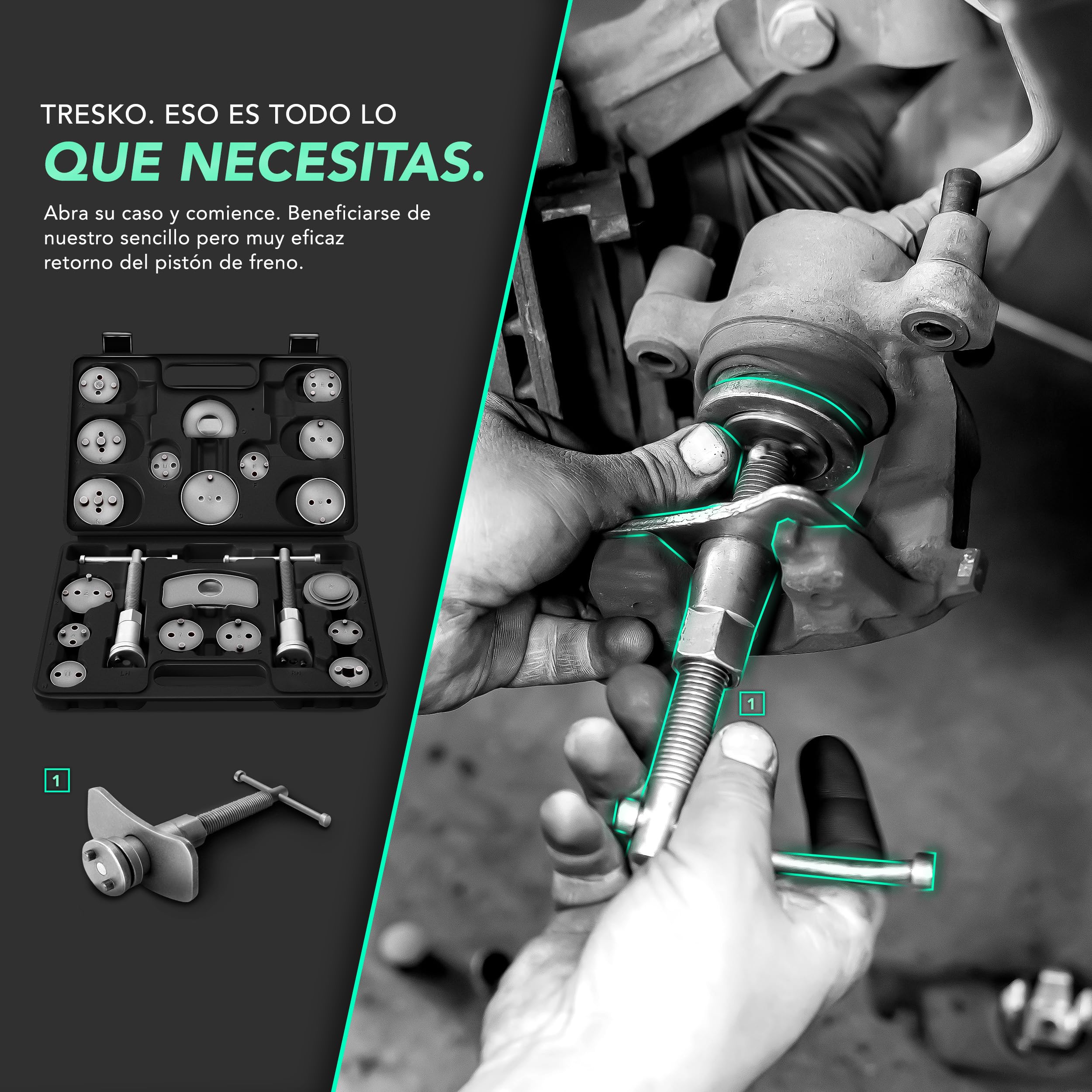 TRESKO® Reposicionador de pistones de Freno 23 Piezas Incl. Guantes para reposicionar el pistón de Freno al Cambiar los Discos, Las Zapatas o Las Pastillas de Freno