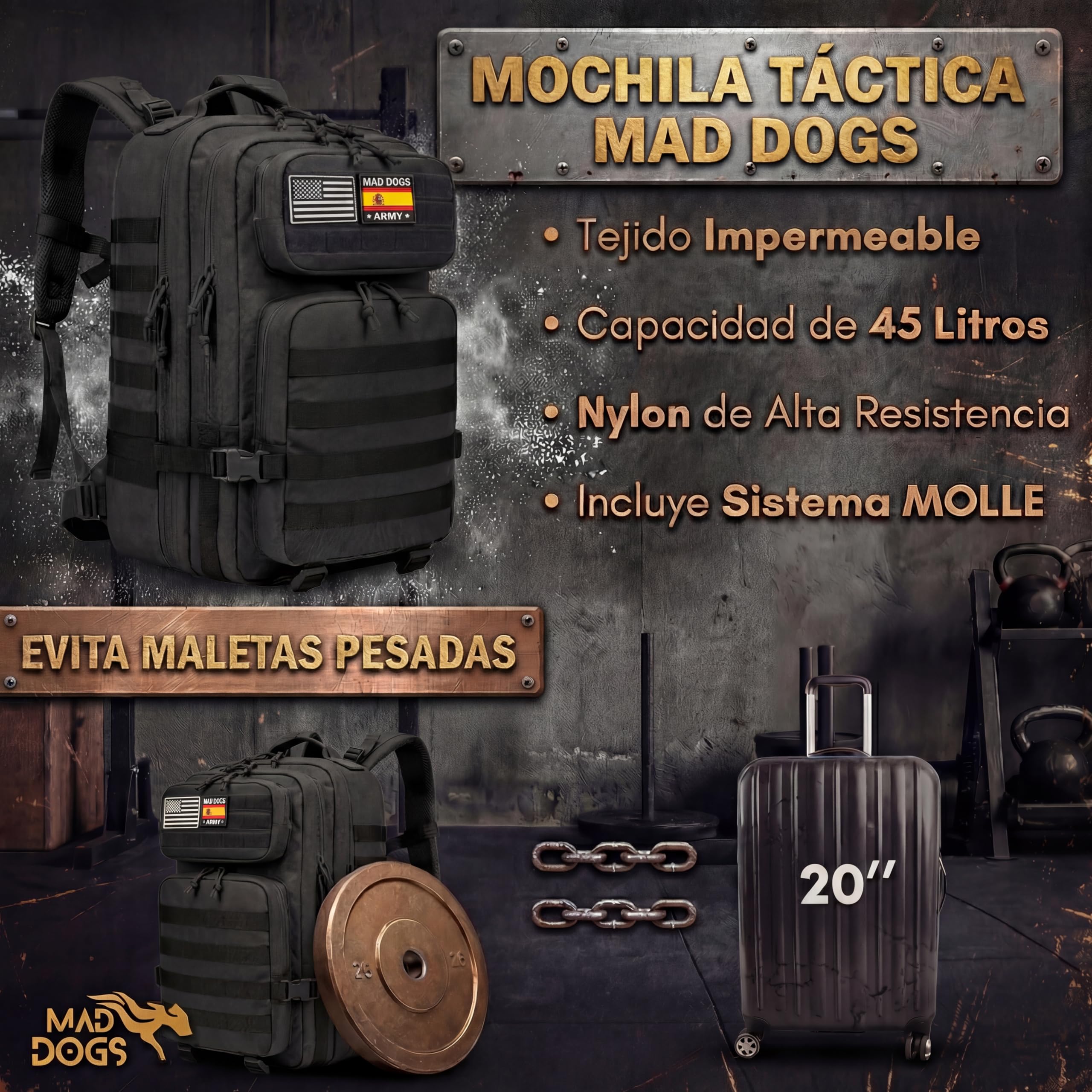 MAD DOGS Taktischer Militär-Rucksack, 45 l, wasserdicht, mit Molle-System, robust und multifunktional, für Survival, Wandern, Jagd, Airsoft, Trekking, Camping, Herren und Damen