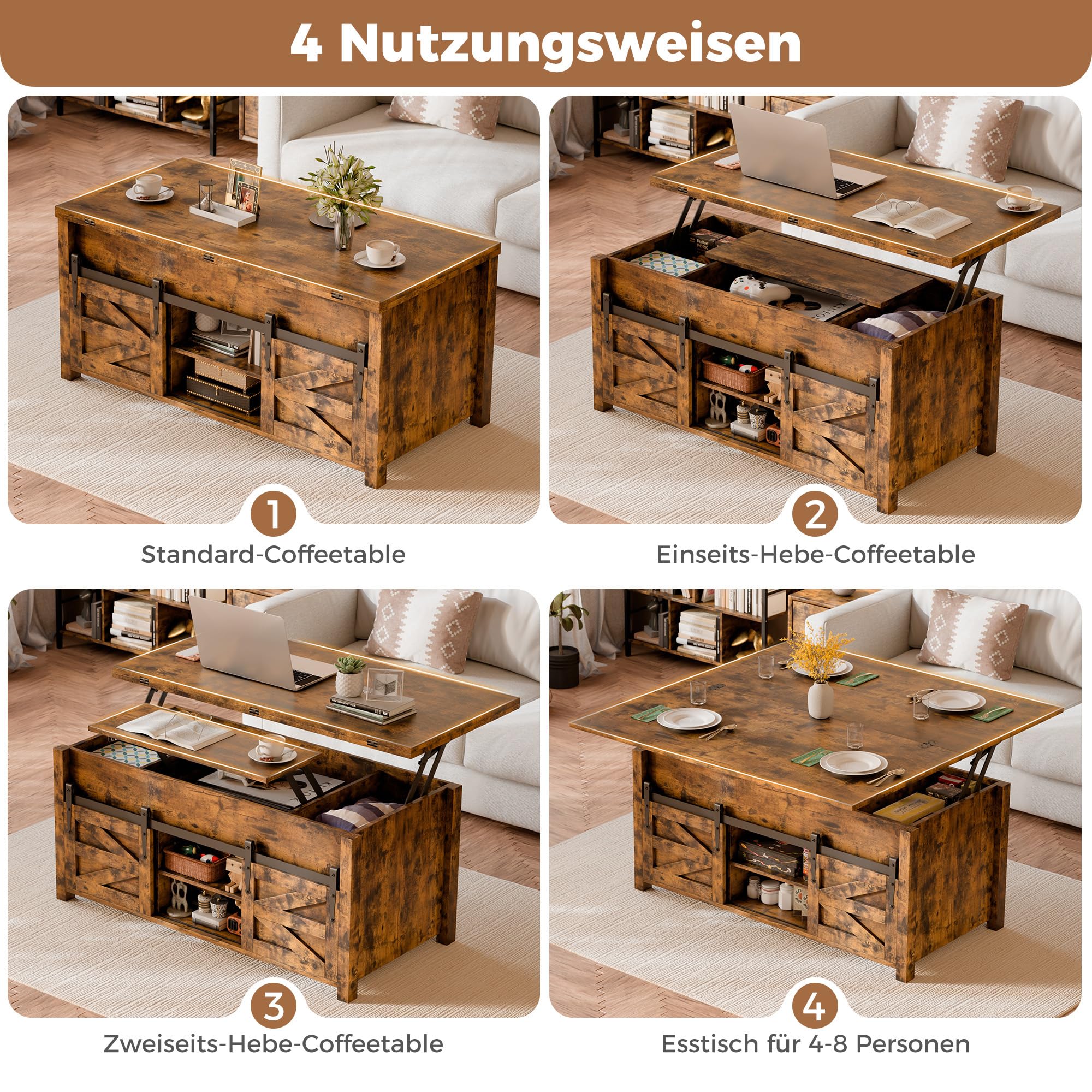 ELUCHANG Couchtisch Höhenverstellbar, 4 in 1 Wohnzimmertisch Umwandelbar in Wohnzimmer-Esstisch, Multifunktions mit Versteckter offenes Fach & Aufbewahrung,für Wohnzimmer/Büro/Esszimmer, Vintagebraun