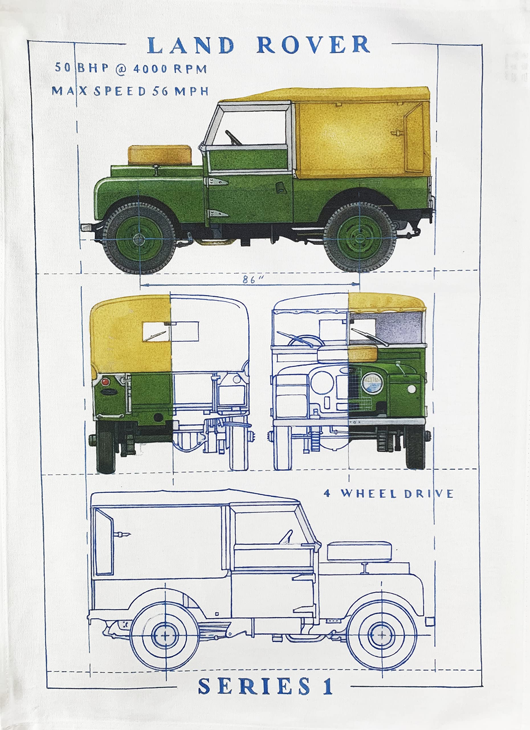 Half a Donkey The Classic Land Rover Series I Parts on a Large Cotton Tea Towel