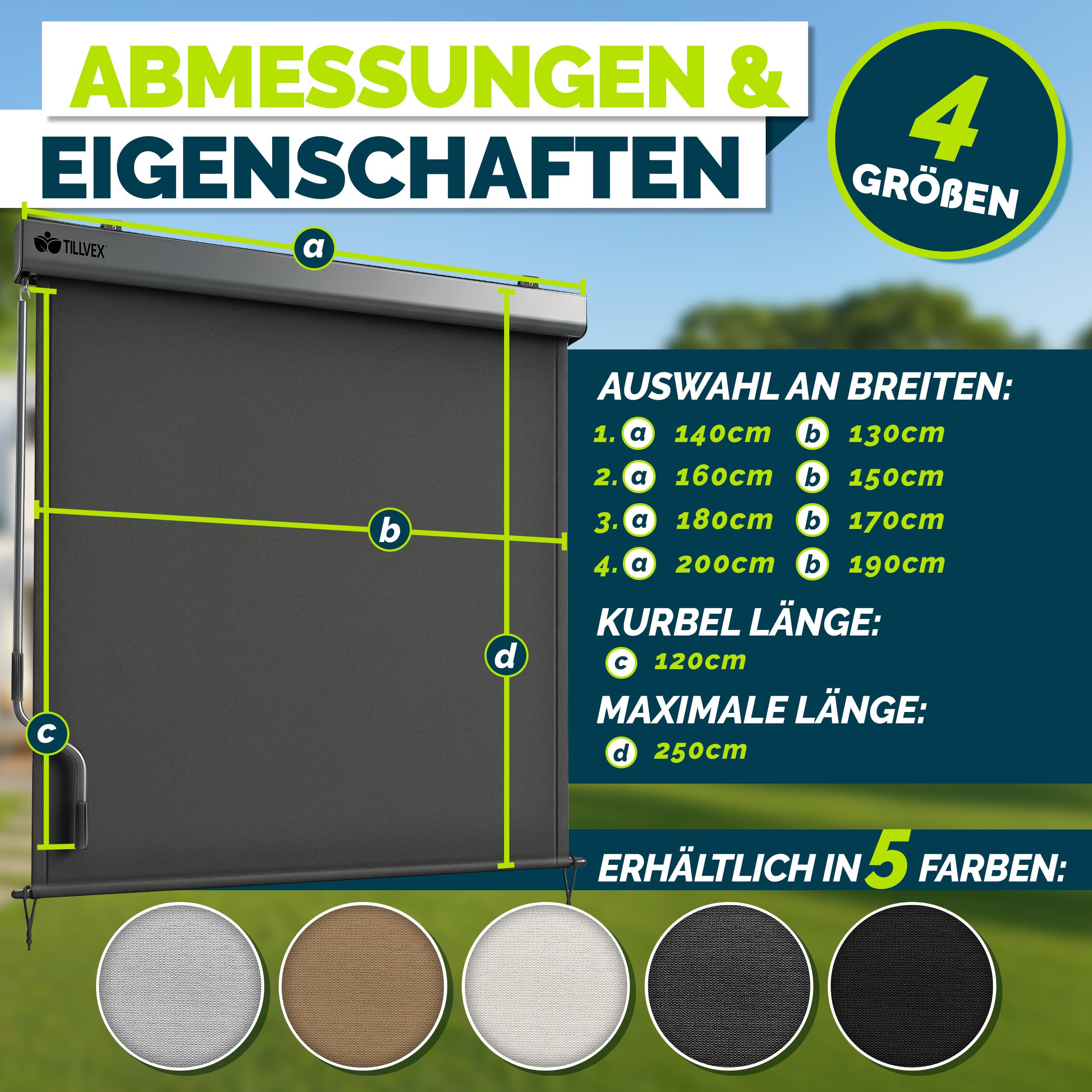 tillvex® Senkrechtmarkise 200 x 250 cm für Außen- und Innenbereich mit Regencover | Außenrollo wasserfest mit Handkurbel für Balkon, Terrasse & Garten | Balkonrollo Sonnenschutz Sichtschutz Aluminium