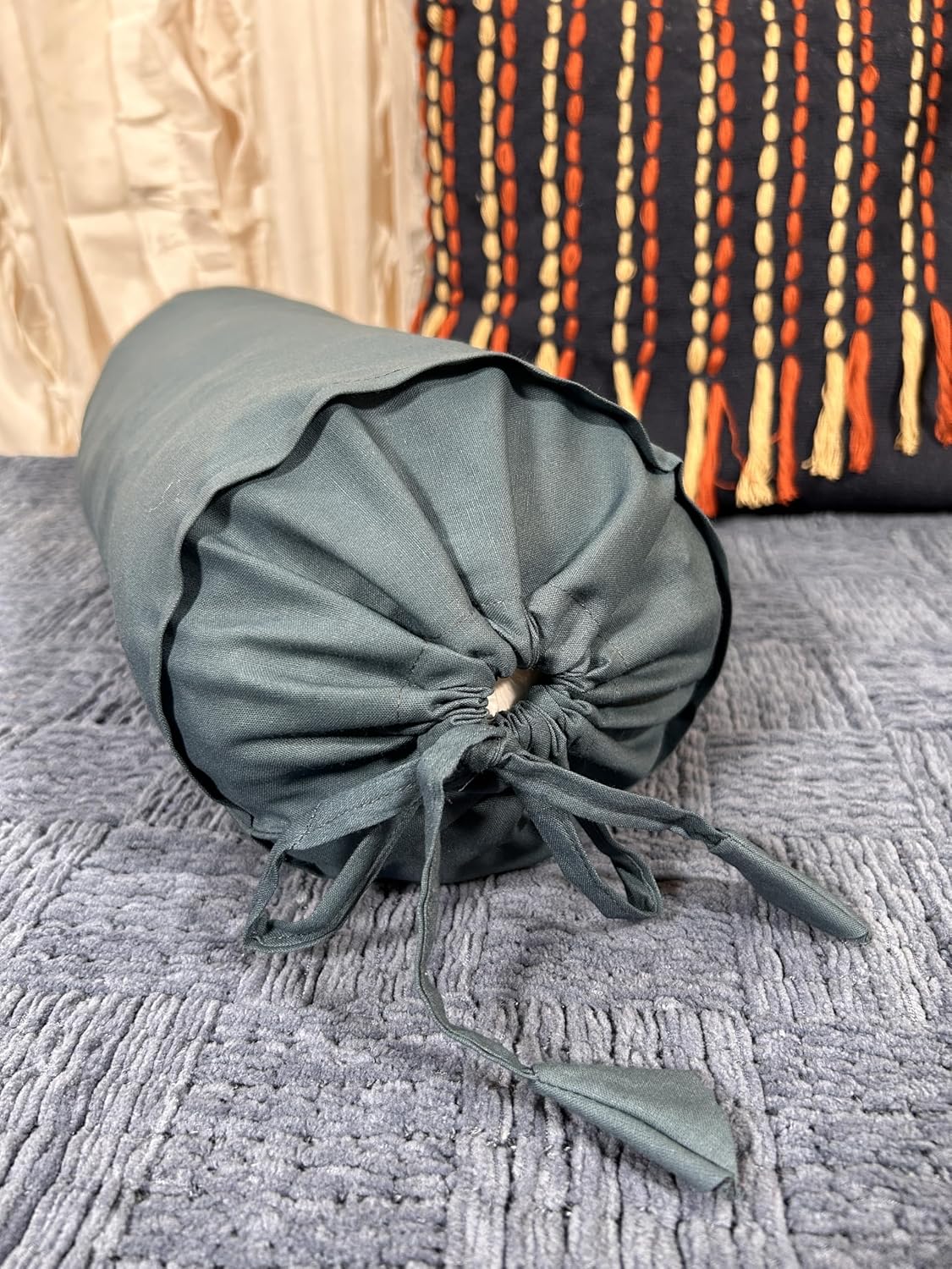 2 Pcs Cervical Neck Roll Pillow Cover with Drawstring Closures Round Neck Roll Pillow Case Cotton Bolster Pillowcases for Cylindrical Cushion (Grey, 6 x13 inch (15x33 cm))