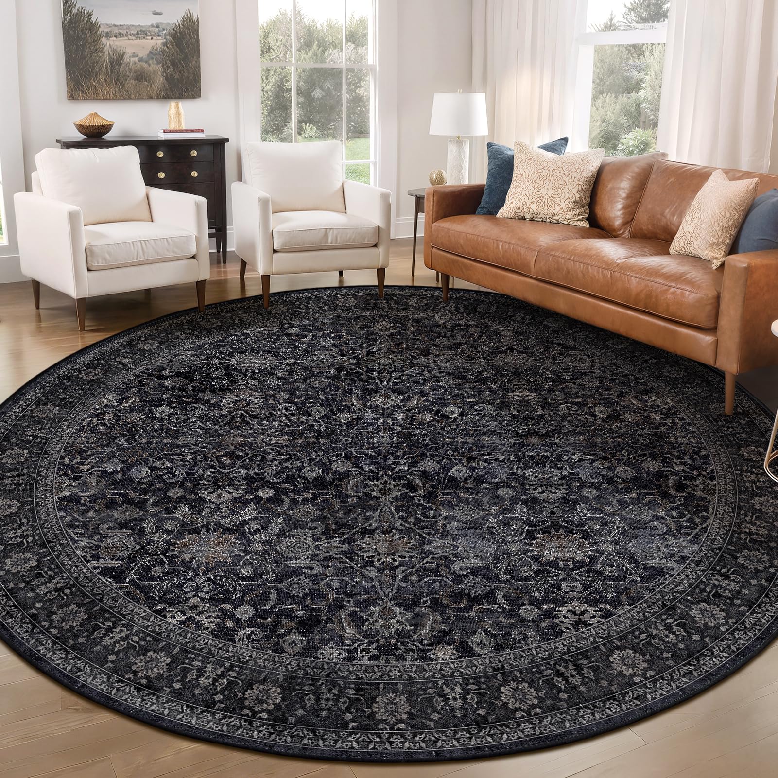 Jainmy Dark Large Round Area Rugs for Living Room 8ft, Vintage Farmhouse Big Circle Carpet 8 Feet Family Room, Washable Non Slip Thin 8' Circular Rugs for Dining Area, 8x8 Moody Round Floor Carpet — image 1