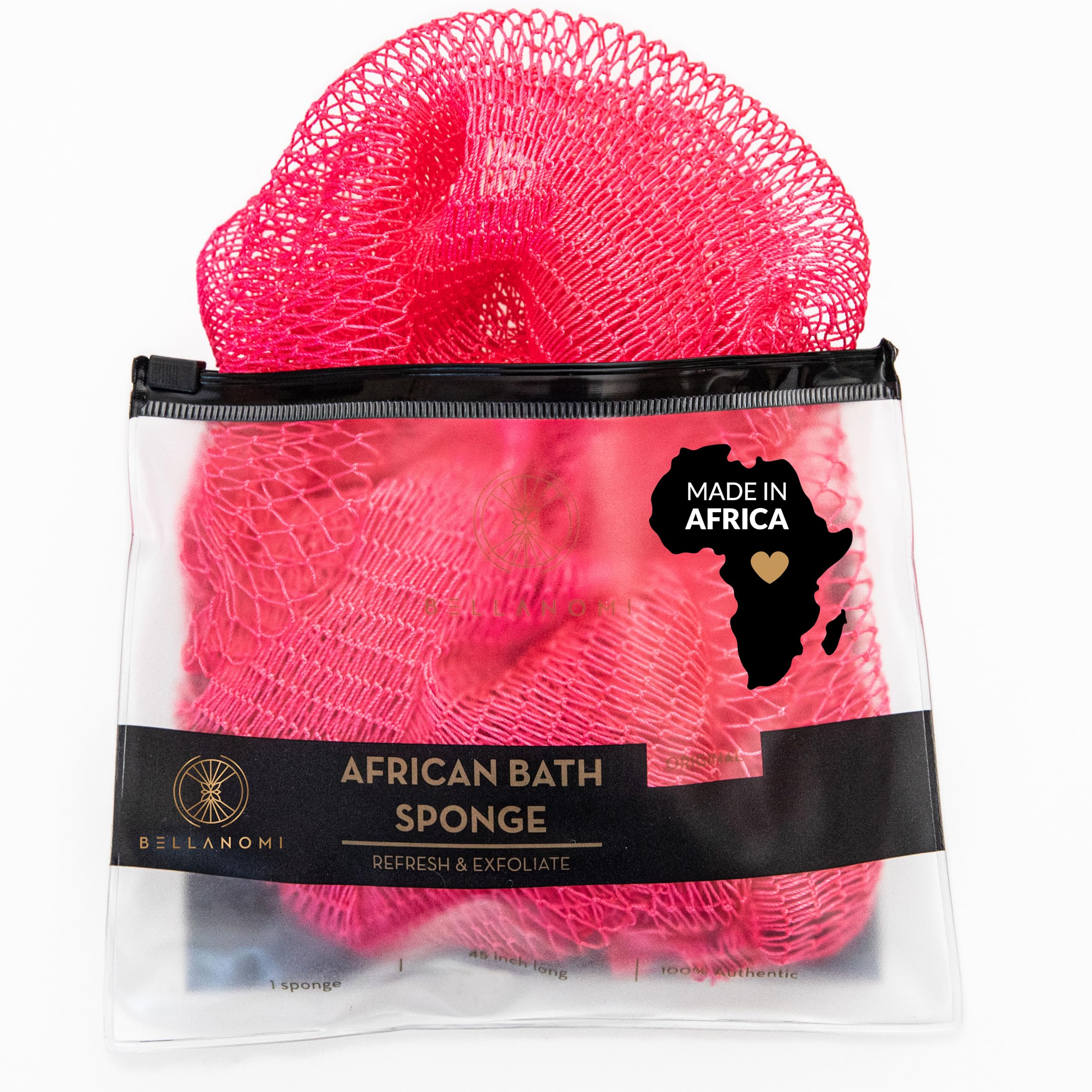 BELLANOMI African Exfoliating Net Sponge, Authentic, Ethically sourced from Nigeria, 45 inches Long, Back Scrubber for Daily use (Pink)