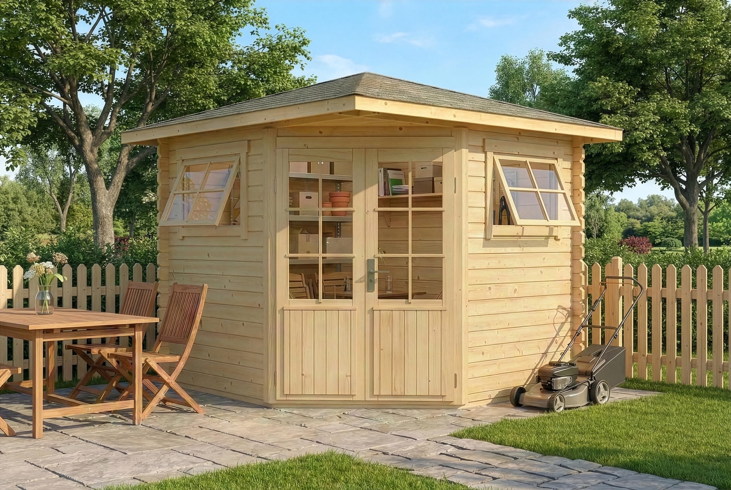 Alpholz 5-Eck Gartenhaus Sunny-B 269x269cm Naturbelassen 28mm Wandstärke