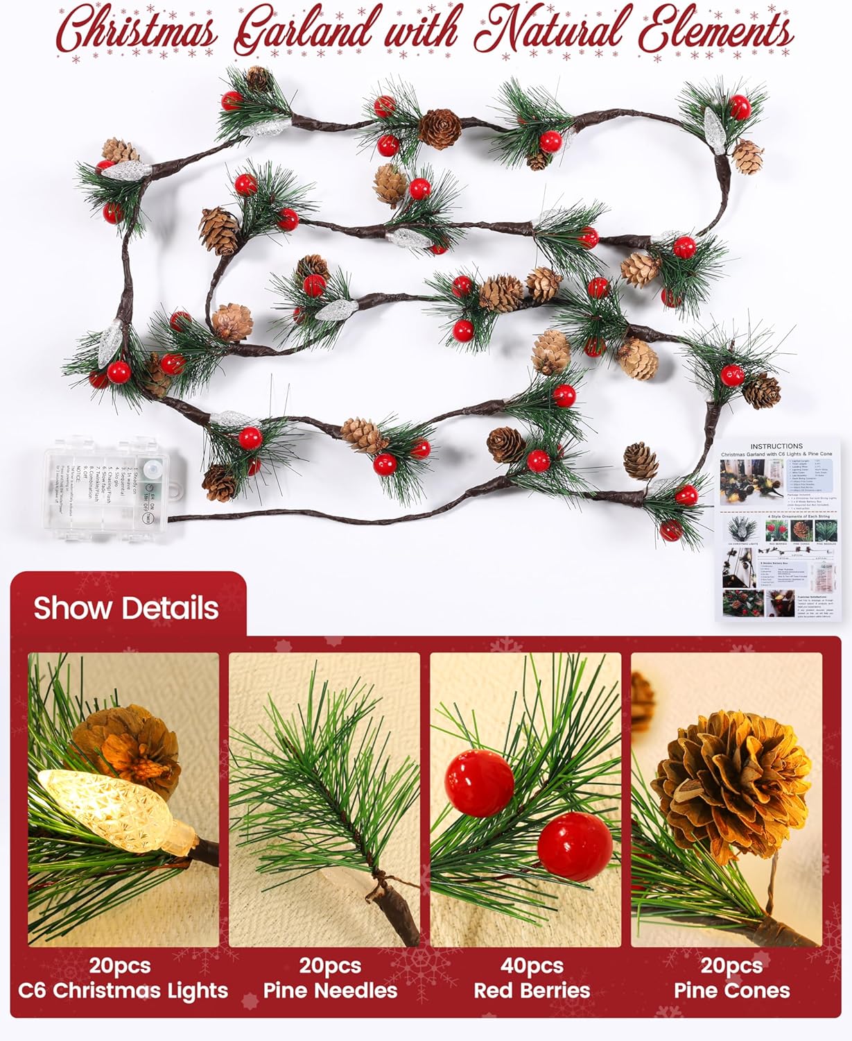 Christmas Garland with Lights,7FT Pinecones Christmas String Lights with Red Berries,Needles,20Led C6 Christmas Lights Battery Operated Prelit Garland for Xmas Decorations Indoor Outdoor - Image 2