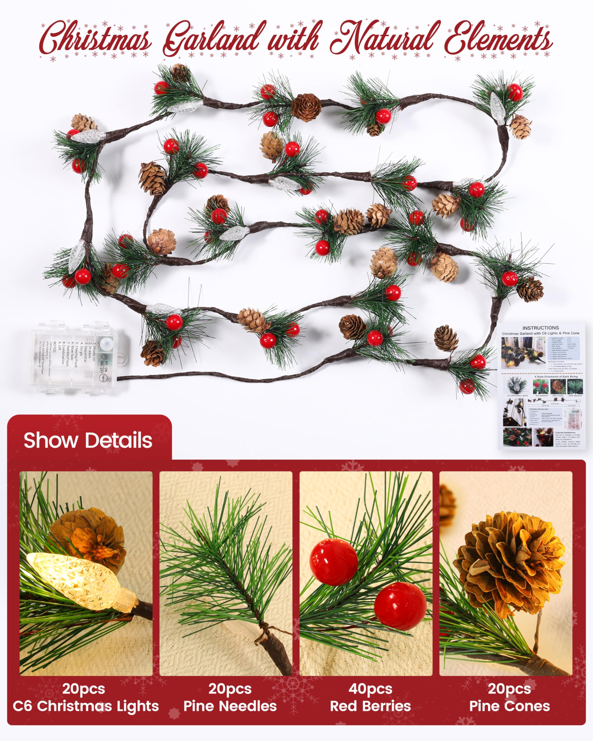 Weihnachtsgirlande mit Lichtern, 2,1 m Tannenzapfen, Weihnachtslichterkette mit roten Beeren, Nadeln, 40 LEDs, C6, batteriebetrieben, Prelit-Girlande für Weihnachtsdekoration drinnen und draußen, 2