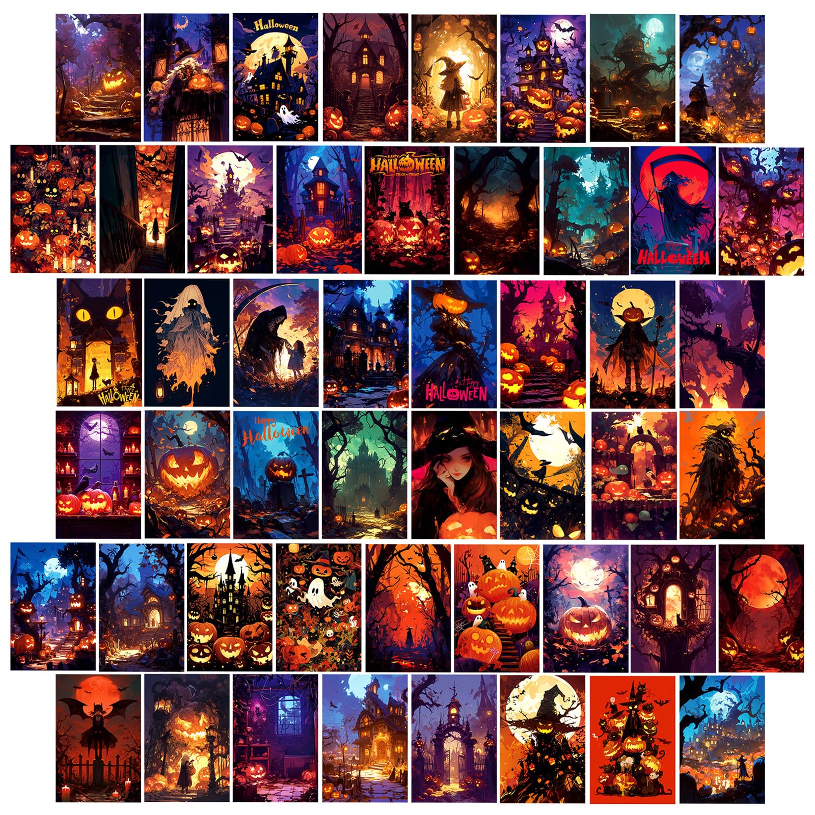 50PCS Halloween Postcards Featuring Haunted Houses, Pumpkins, Bats,Bizarre Landscape Art Cards, Used for Home Wall Decoration, Scrapbook Supplies (Halloween)