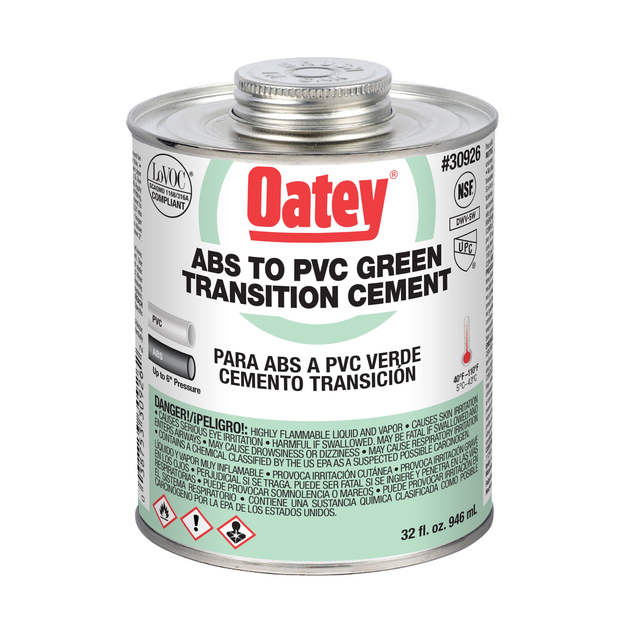 Oatey 30926 Medium Bodied Solvent, 32 Oz, Can, Liquid, Green PVC Transition Cement