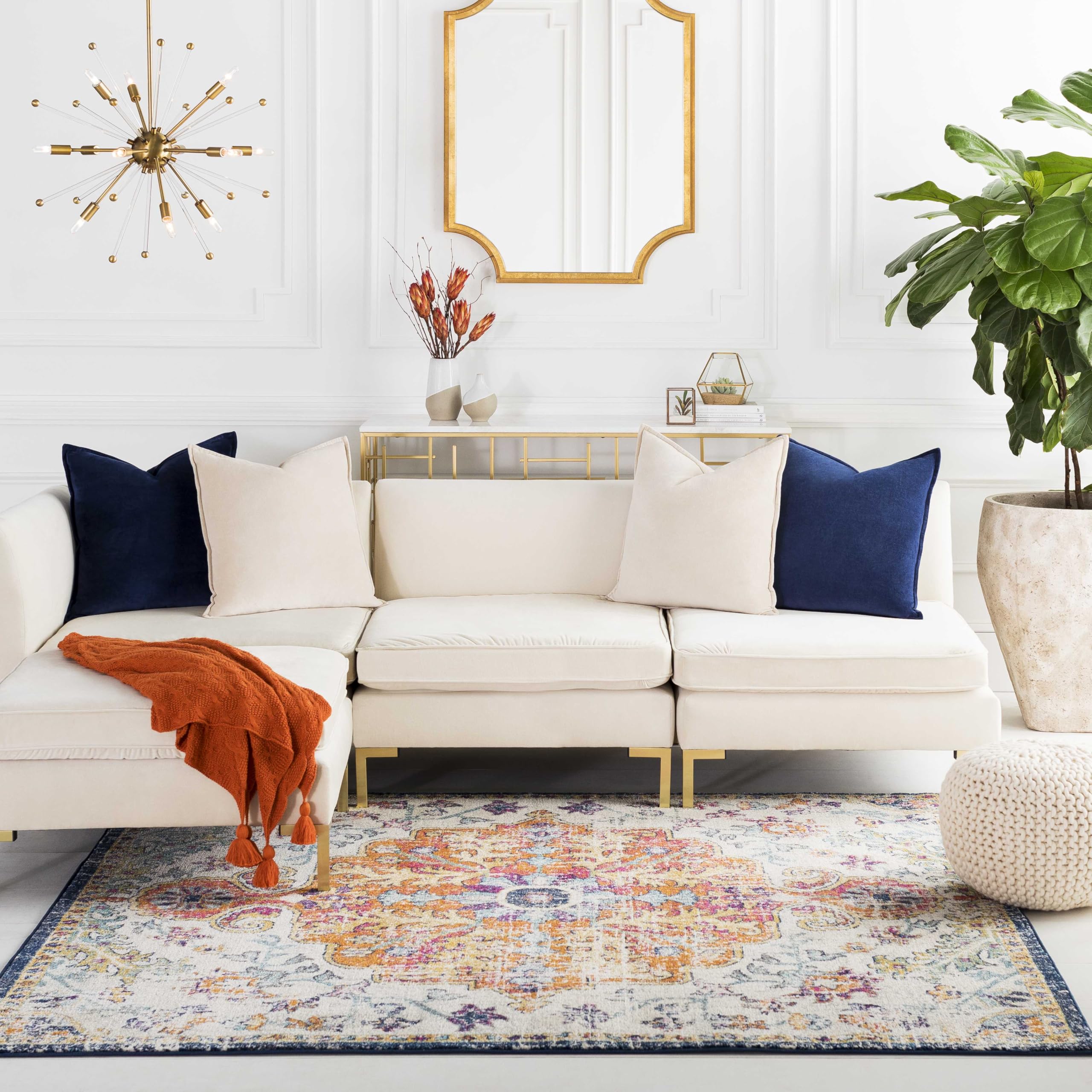 Livabliss Lou Asmara Vintage Design – Living Room 200x200 cm, Dining Kitchen Use, Traditional Multicolour Boho Style, Easy Care Pile, Blue Orange
