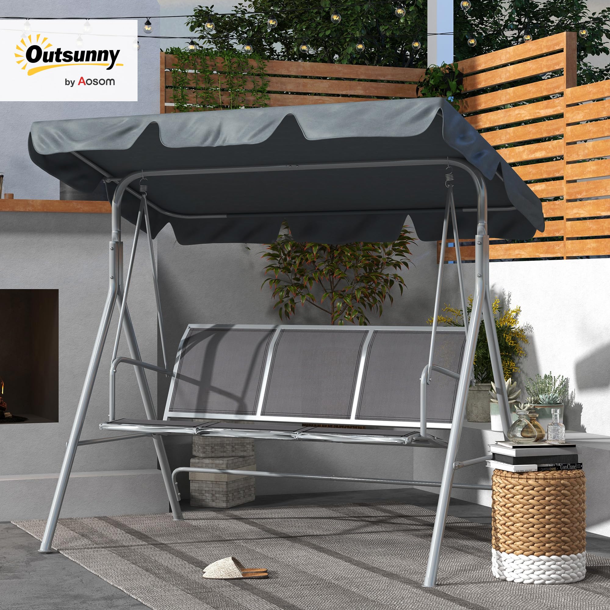 Outsunny Balancelle de Jardin 3 Places Toit imperméabilisé Acier Gris