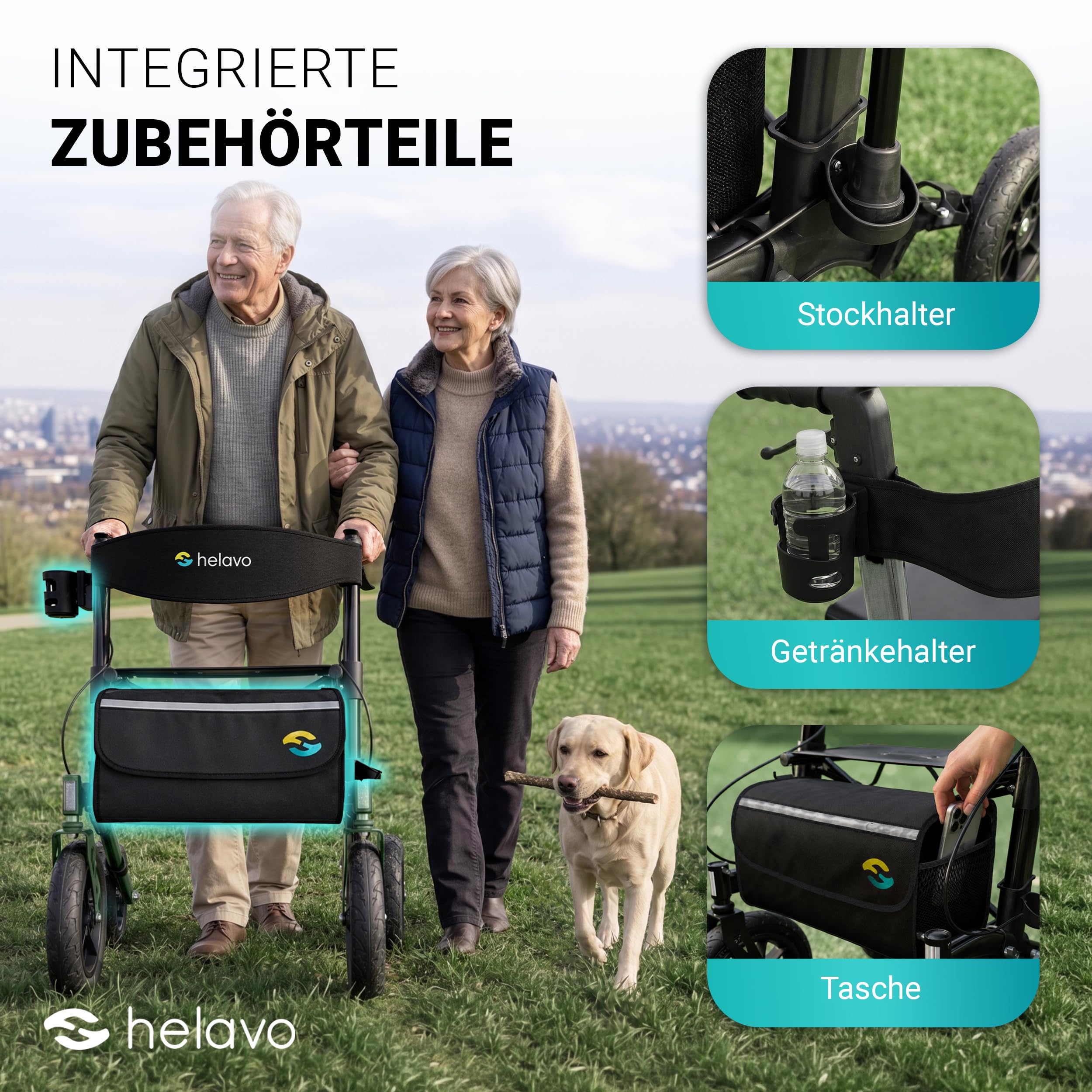 Helavo Outdoor-Rollator mit Luftbereifung - Faltbarer Rollator mit Sitz & Lehne für Draußen - Komfortable & stoßdämpfende 12"/10" große Räder - Gehhilfe für Waldwege, Gras & Strand | 12" Luftreifen für maximalen Komfort - Mit Sitz & Rückenlehne - Nur 9,5