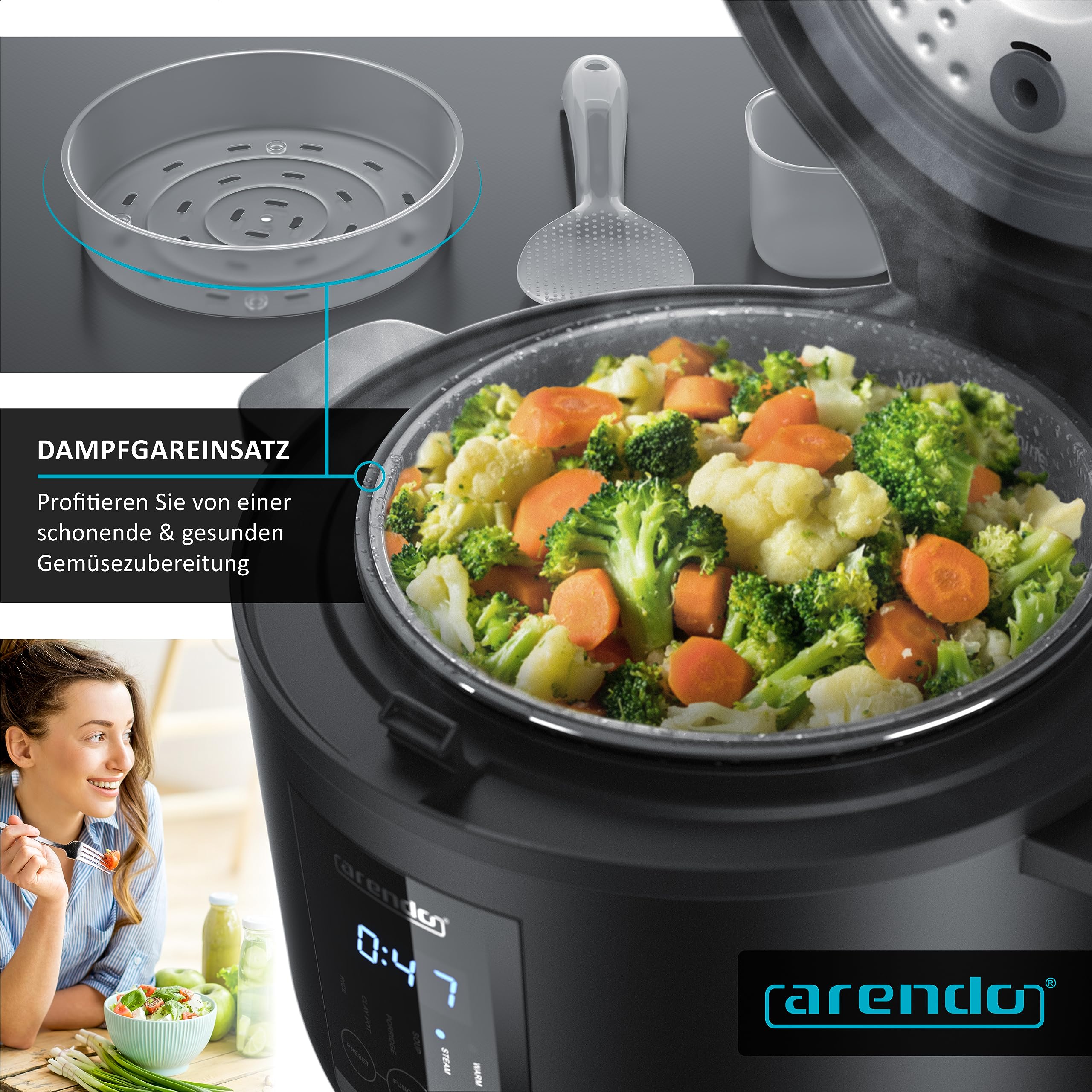 Arendo - digitaler Multikocher 2 Liter 350 Watt Multikocher mit Dampfgareinsatz und Messbecher, Reiskocher Multicooker – 5 Kochprogramme – Timer – antihaftbeschichtet – BPA-frei