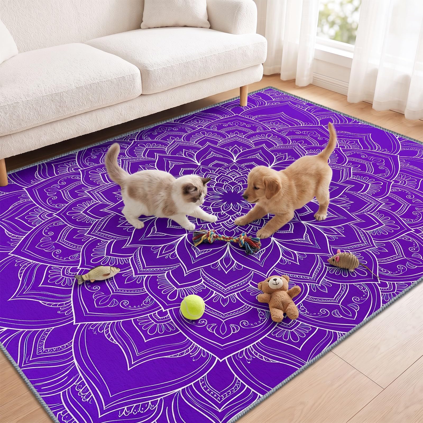 Bohemian Wohnzimmer Teppich 100 x 160 cm, Waschmaschine Geometrisches Blumenmuster Lila Mandala Schlafzimmer Weicher rutschfest Design Teppiche für Küche Esszimmer Büro Bereich Dekor
