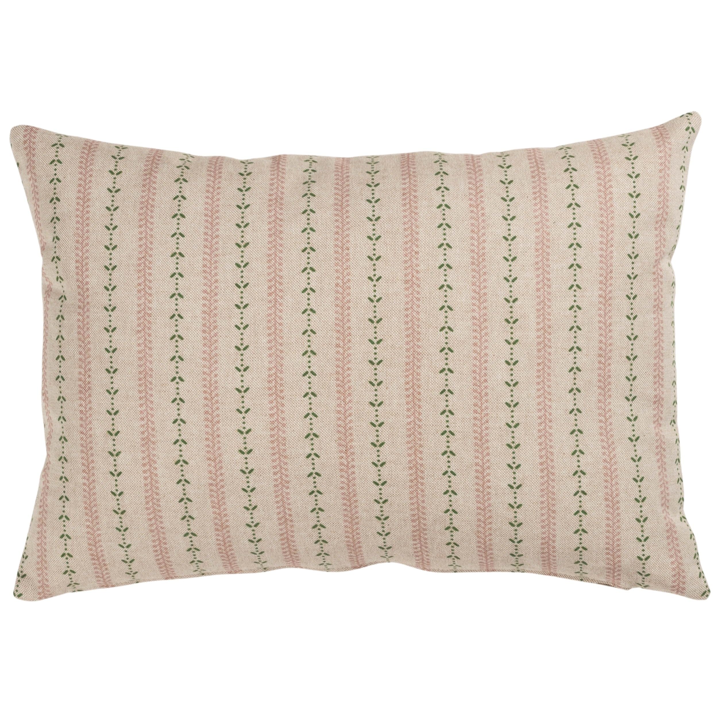 Linen Loft Pink Cotswold Countryside Stripe Boudoir Cushion Cover. Cottagecore Rose And Sage Green Floral Botanical Stripe Design. 17X12 Rectangle Cover Only.