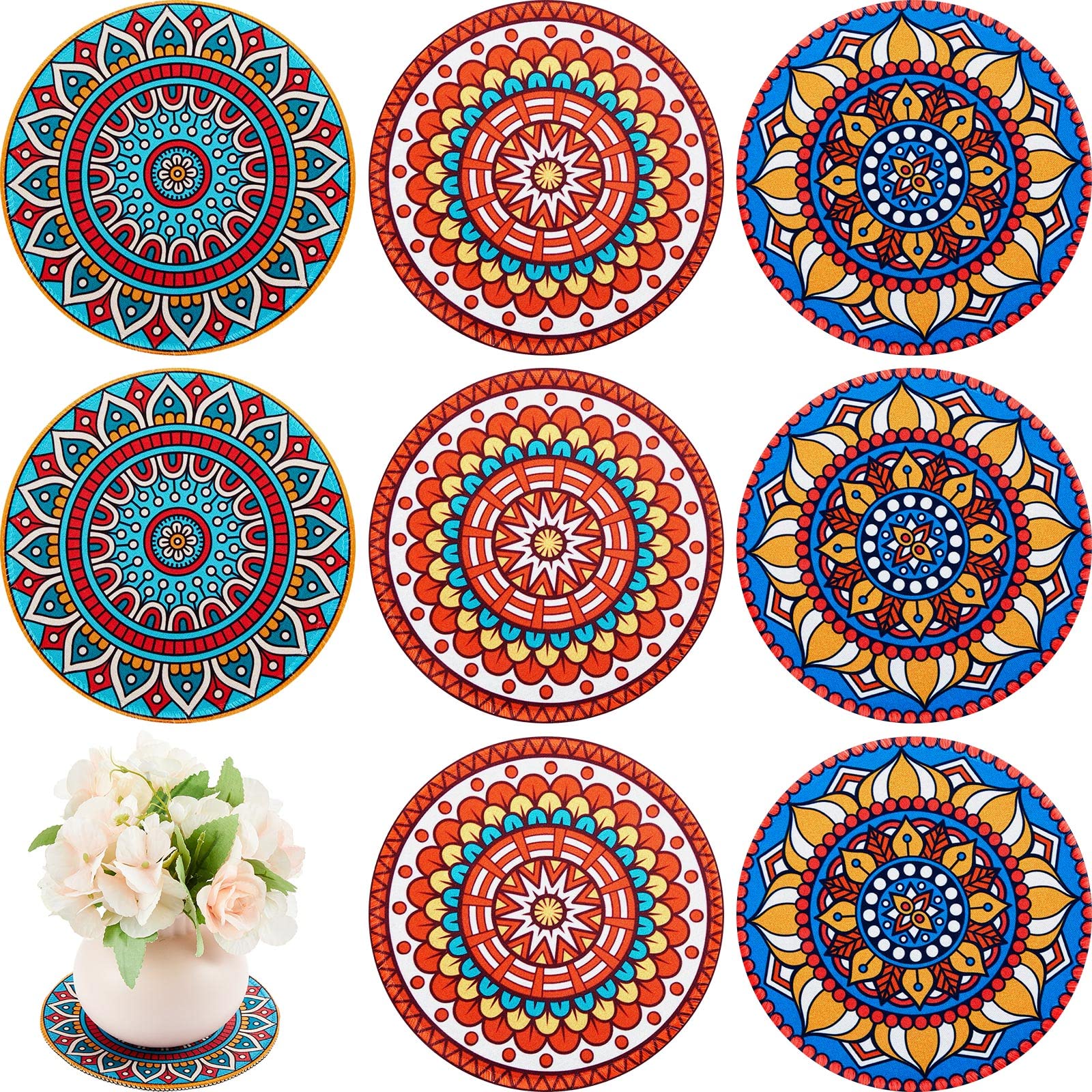 6-Pack Boho Plant Pad - Absorbent, Non-Slip, Indoor/Outdoor - Protects Table, Desk, Floor - 5.9 Inches (Bright Style)