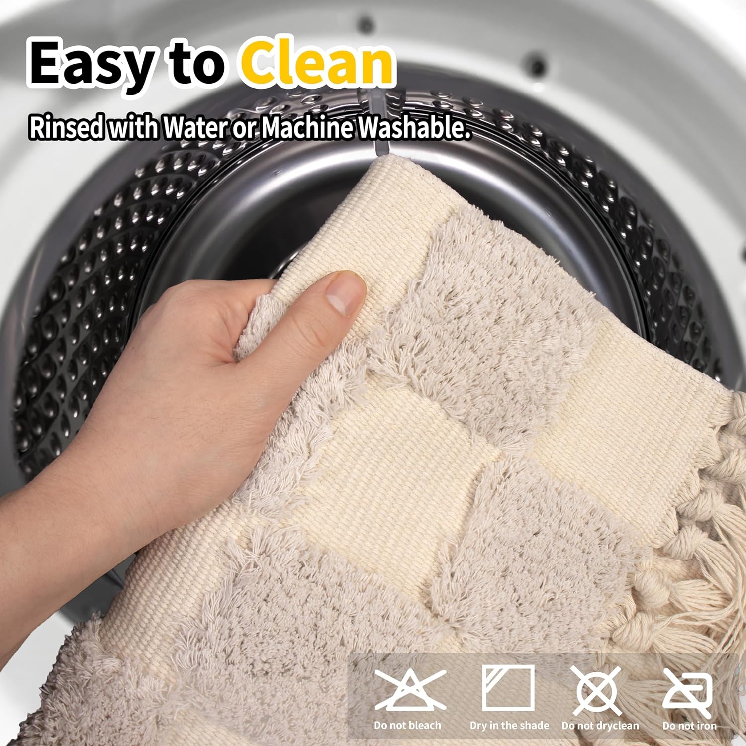 Boho Bathroom Rugs with Tassels 2'x3' Cute Checkered Bath Mat Beige Cotton Rug Fits Perfectly Into Your Bath Machine Washable Woven Rug, 24 x 36 inch - Image 5