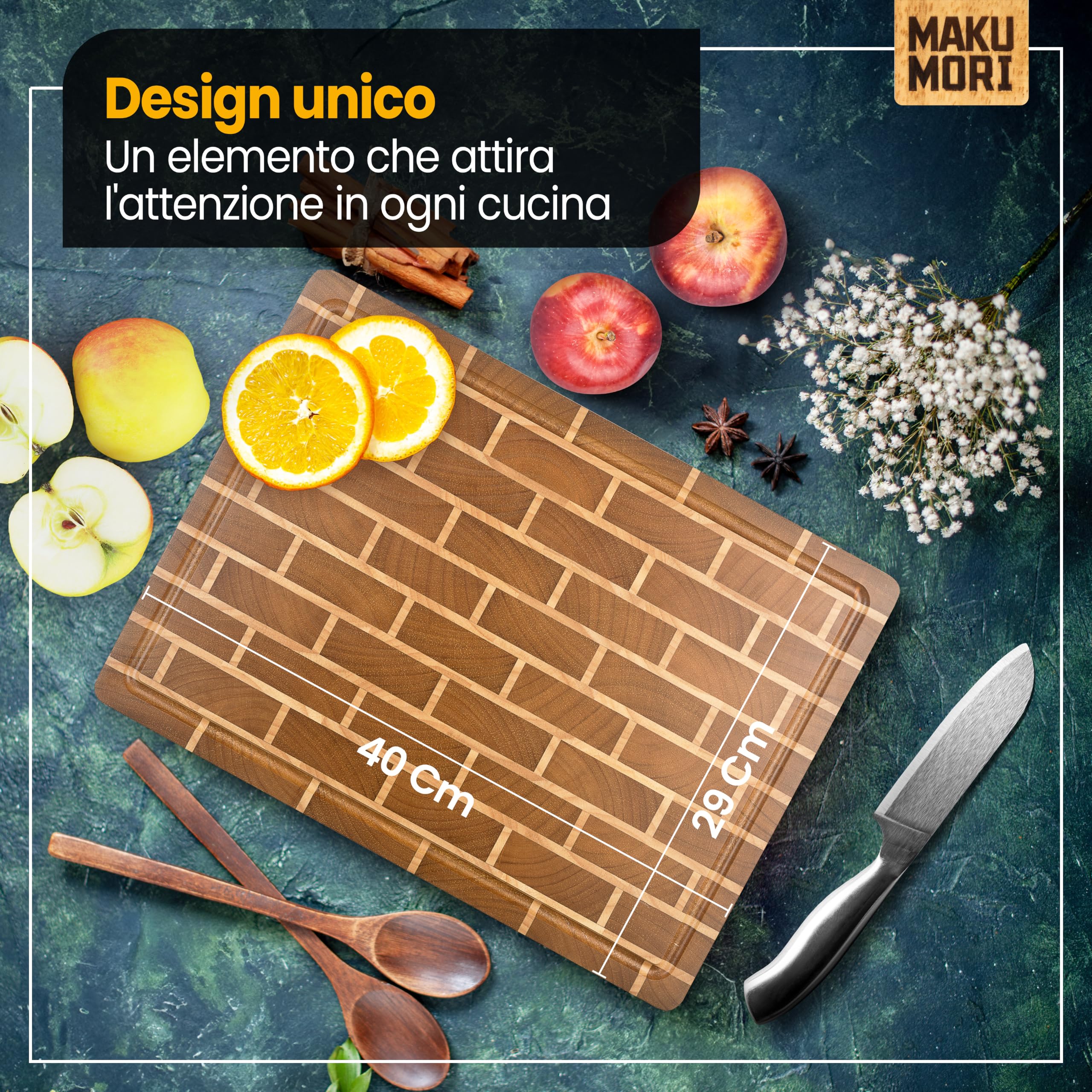 Premium Tagliere Legno di Testa 40x29x3cm Ladrillo Oscuro | Tagliere da cucina in hevea carbonizzato; FSC®; scanalatura per succhi; ampi manici; piedini in gomma antiscivolo