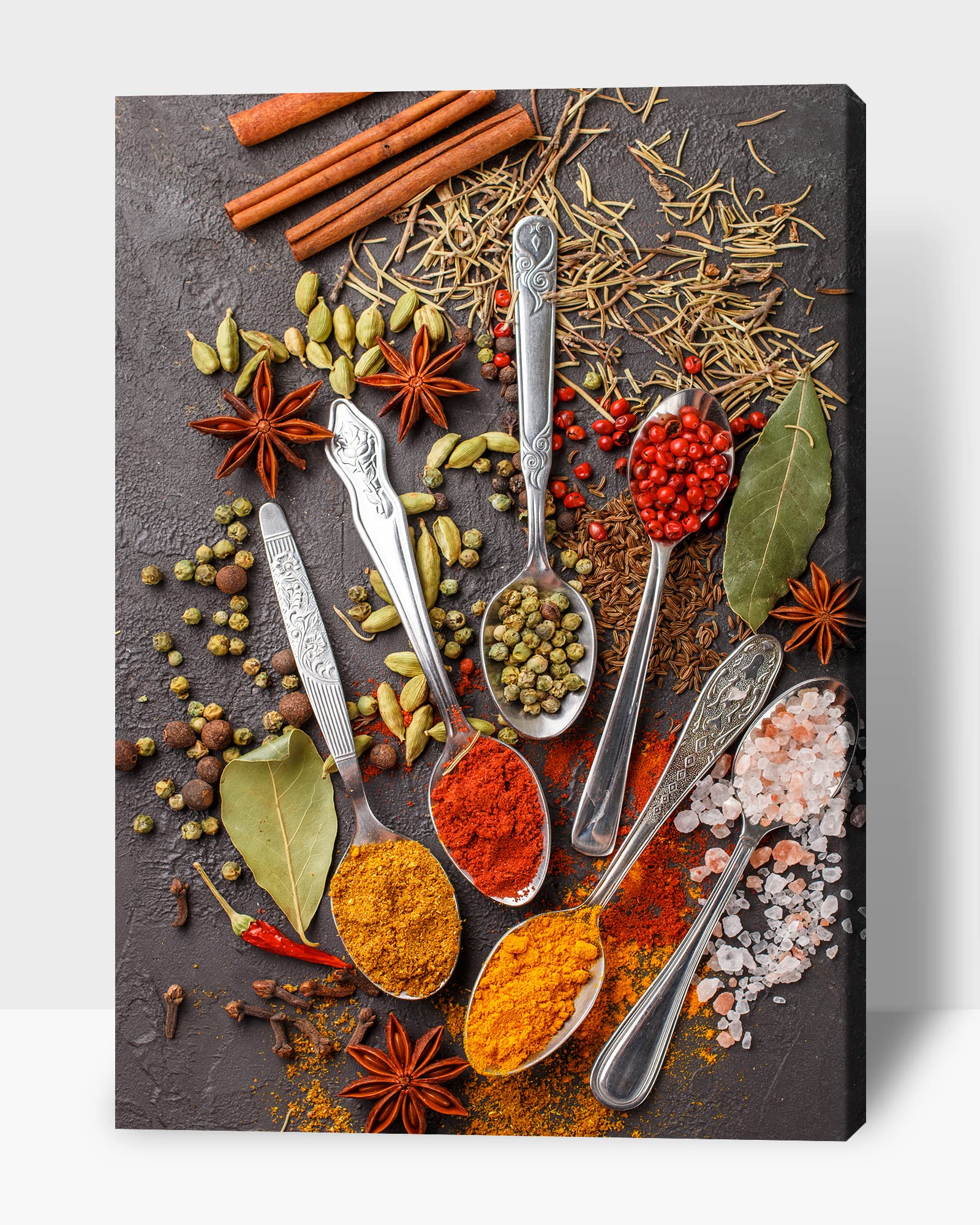 Kitchen Wall Decor Spoons and Spices Canvas Art, Colorful Ingredient Canvas Print for Dining Room Decor, Vintage Condiment Picture Farmhouse Kitchen Framed Painting for Restaurant Decor (12x18 Inches)