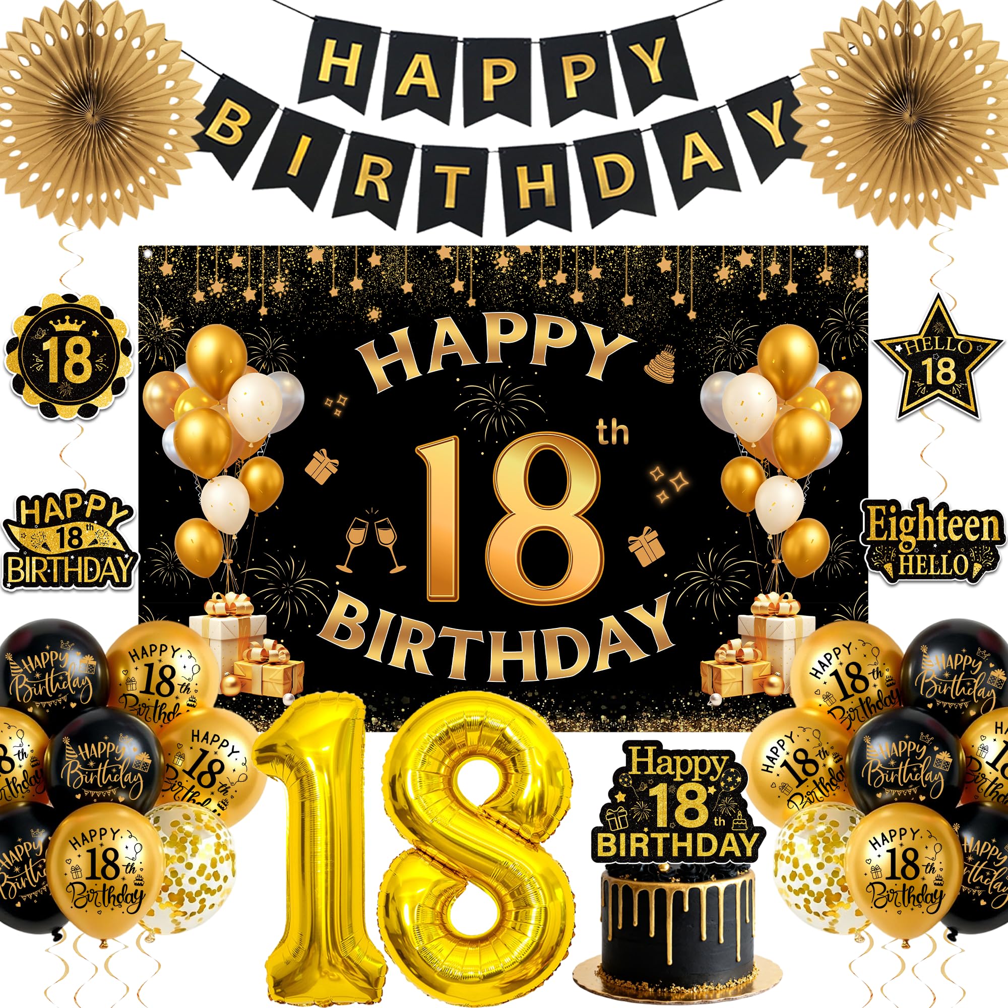 18th Birthday Decorations Boys Girls, 41pcs Black Gold 18th Party Kit
