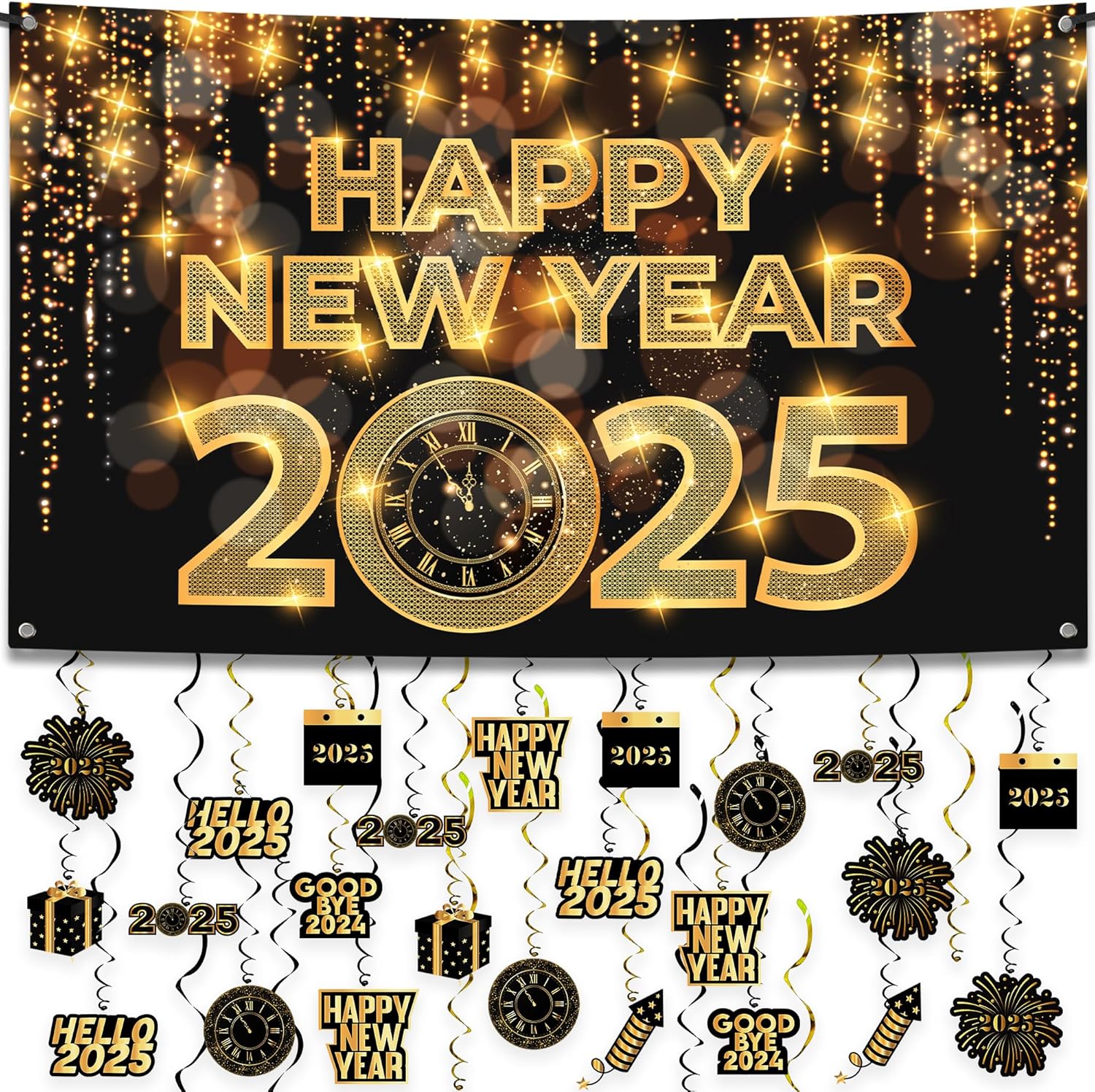 KatchOn, New Year Hanging Swirls Decorations- Pack of 30 | Happy New Year Banner 2025- New Year Backdrop, 72x44 Inch | Large Cutouts New Year Swirls, New Years Eve Party Supplies 2025, NYE Decorations