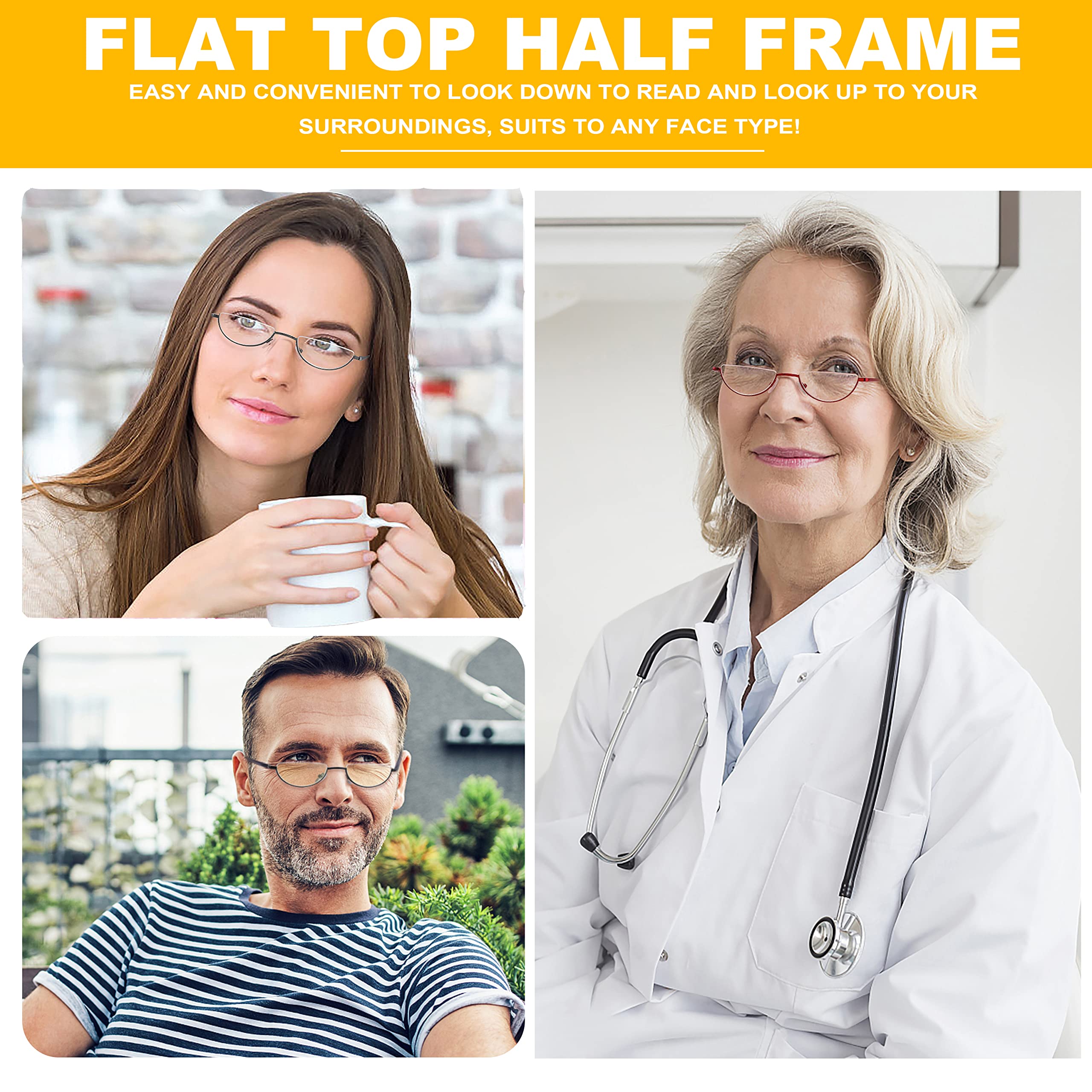 Halbmond-Lesebrille, Anti-Blaulicht, UV, Halbrahmen, Halbrahmen, schlankes Federscharnier, Lesegeräte mit Etui für Männer und Frauen