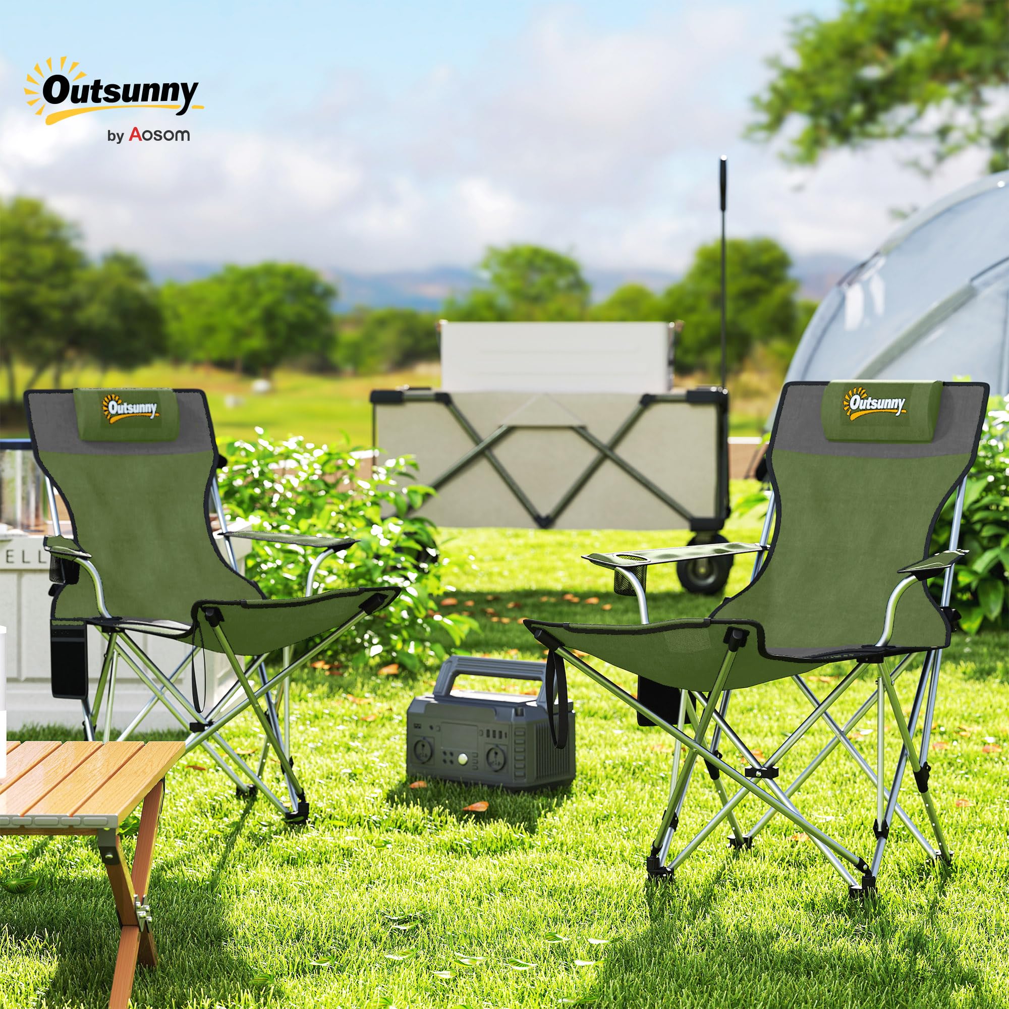 Outsunny Set 2 Sedie da Campeggio Pieghevoli con Poggiapiedi Staccabile, Portabicchieri e Tasca Laterale, Sedie da Giardino in Tessuto Oxford e Metallo, Portata Fino a 120 kg, 125x48x90 cm, Verde