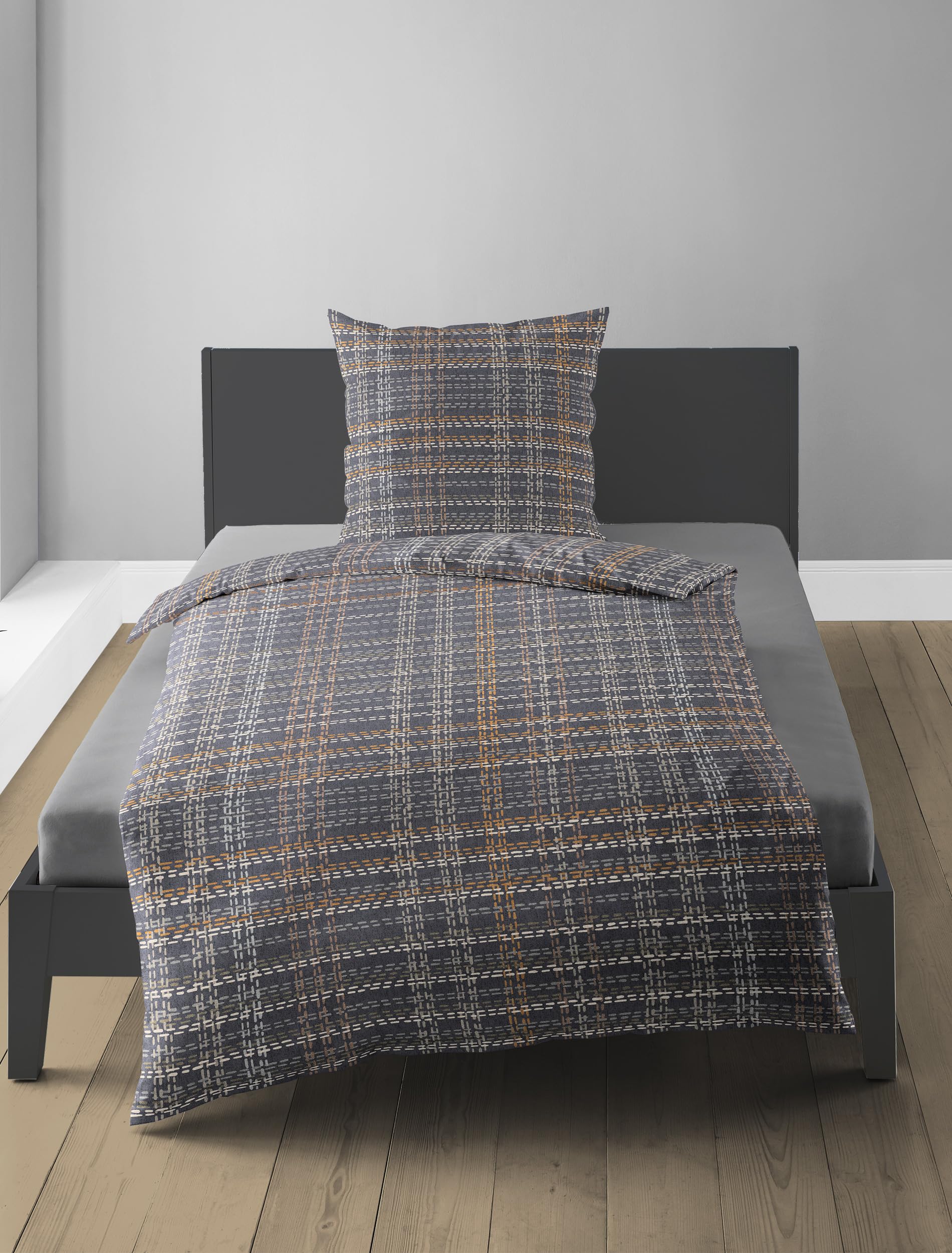 Bierbaum Bed Linen 4143, Flannelette, 100% Cotton, Designed in Germany, Graphite 10, 135 x 200 + 80 x 80 cm