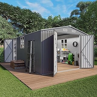 10x14x6.7FT Outdoor Storage Shed, Galvanized Steel Garden Shed with Lockable Door & Window, Waterproof Metal Tool Storage for Garden, Backyard, Patio, Lawn(Grey)