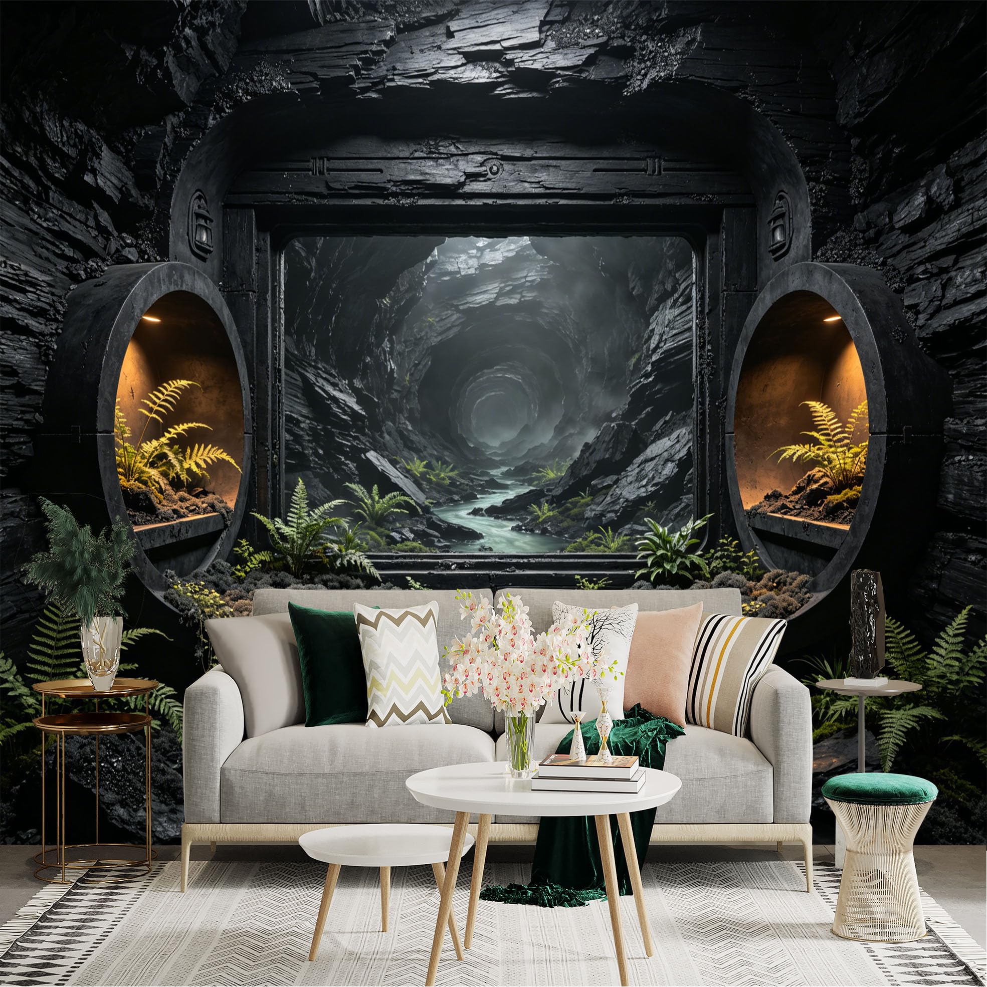 Custom Size Wall Sticker Mural， Dark Cave Tunnel with Flowing River and Green Ferns， for wall Decoration， peelandstick wall Decals.