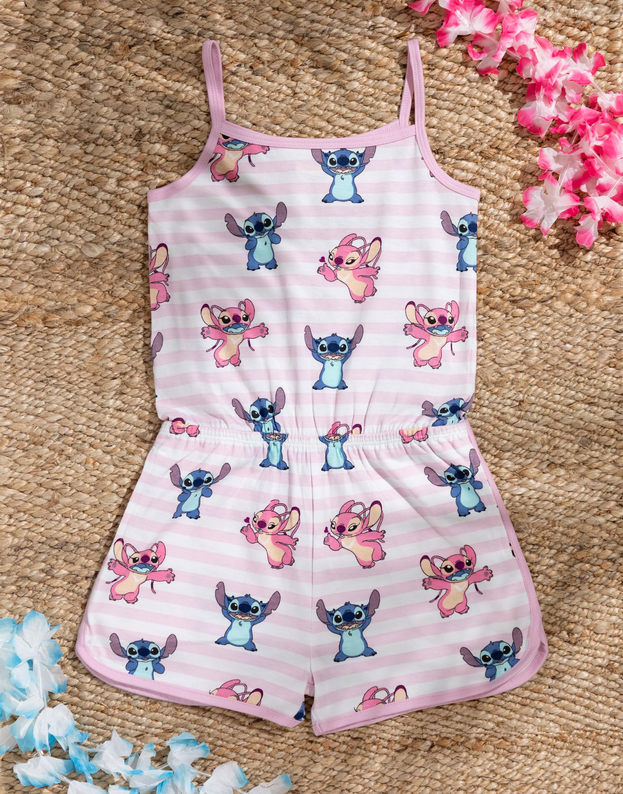 Disney Combinaison rose rayée sans manches Lilo & Stitch pour fille | Tenue d'été mignonne à l'effigie de Stitch et Angel | Taille élastiquée, poches et col rond, tenue décontractée