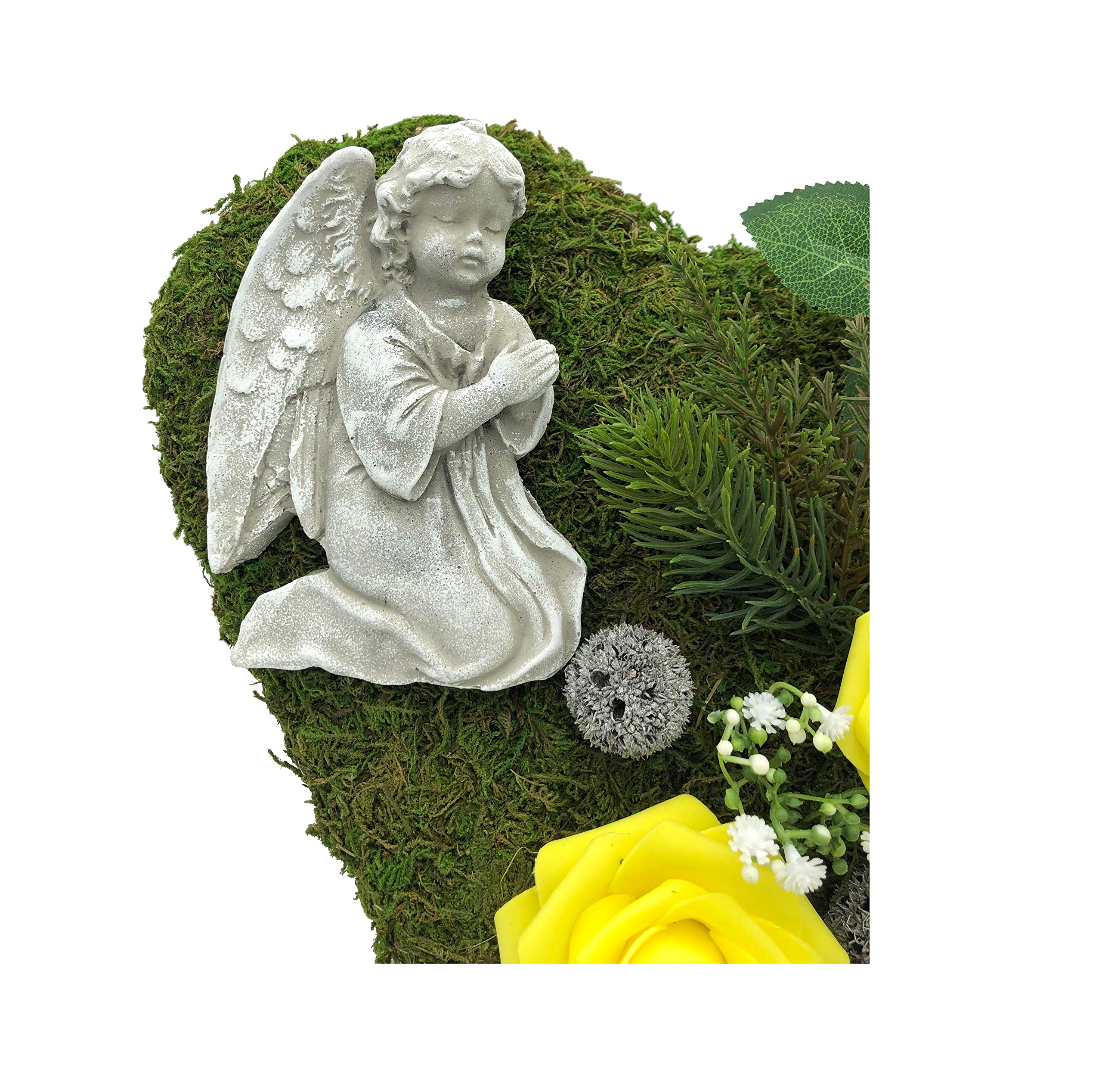 Radami Grabgesteck Grabschmuck Grabaufleger Moosherz Grabherz Trauerherz Grab Herz Gesteck Rosen mit Engel (Rosen Gelb)