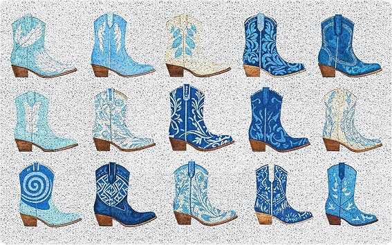 Trendy Blue Western Door Mat, Preppy Coastal Cowgirl Boots Welcome Mats Doormat for Front Door Porch Indoor Outside Entrance Entryway, Western Bath Mat, 17x30 Inch