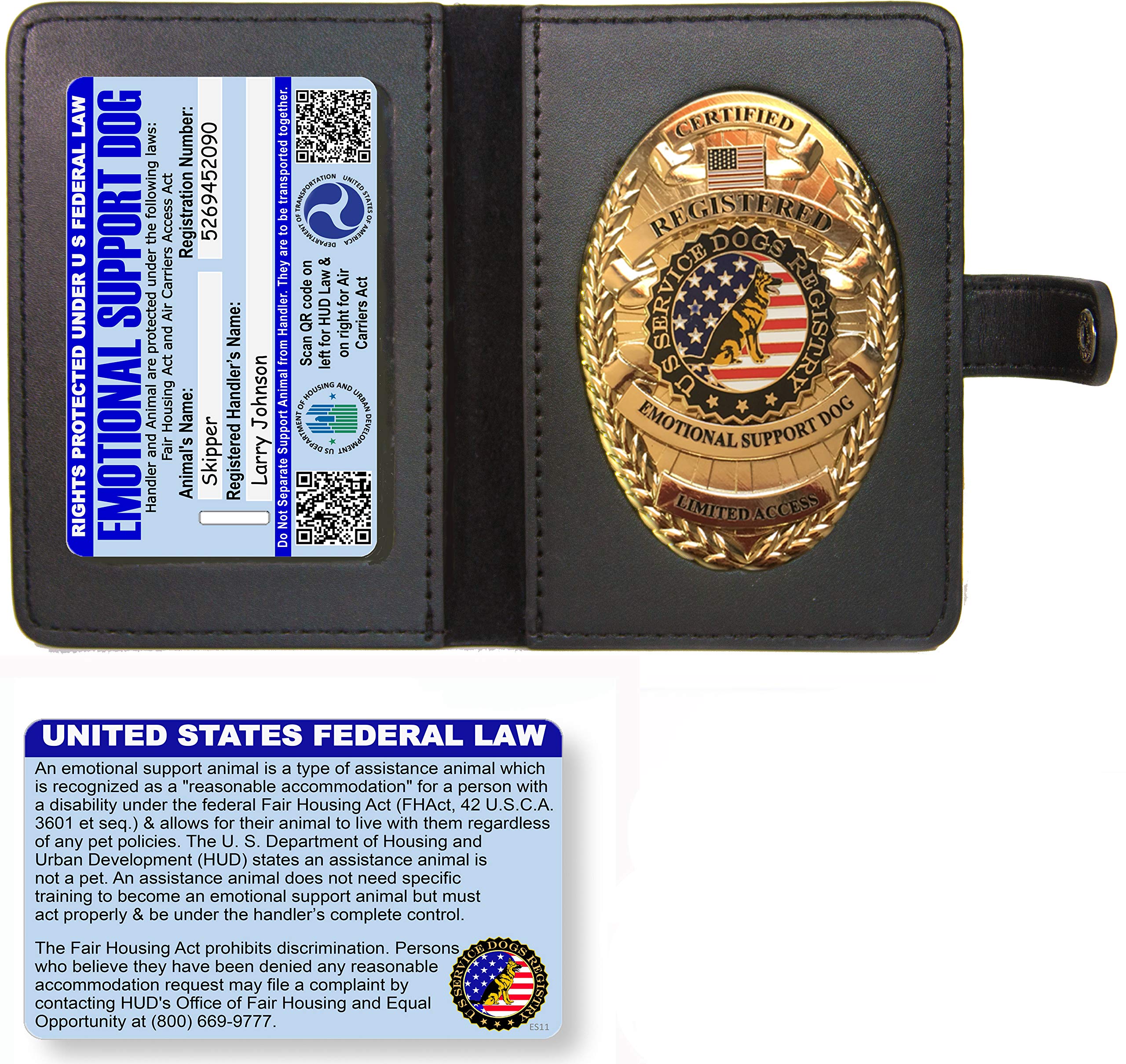 Just 4 Paws Emotional Support Dog Badge & Leather Wallet with PVC Information Card & Registration on US Service Dogs Registry