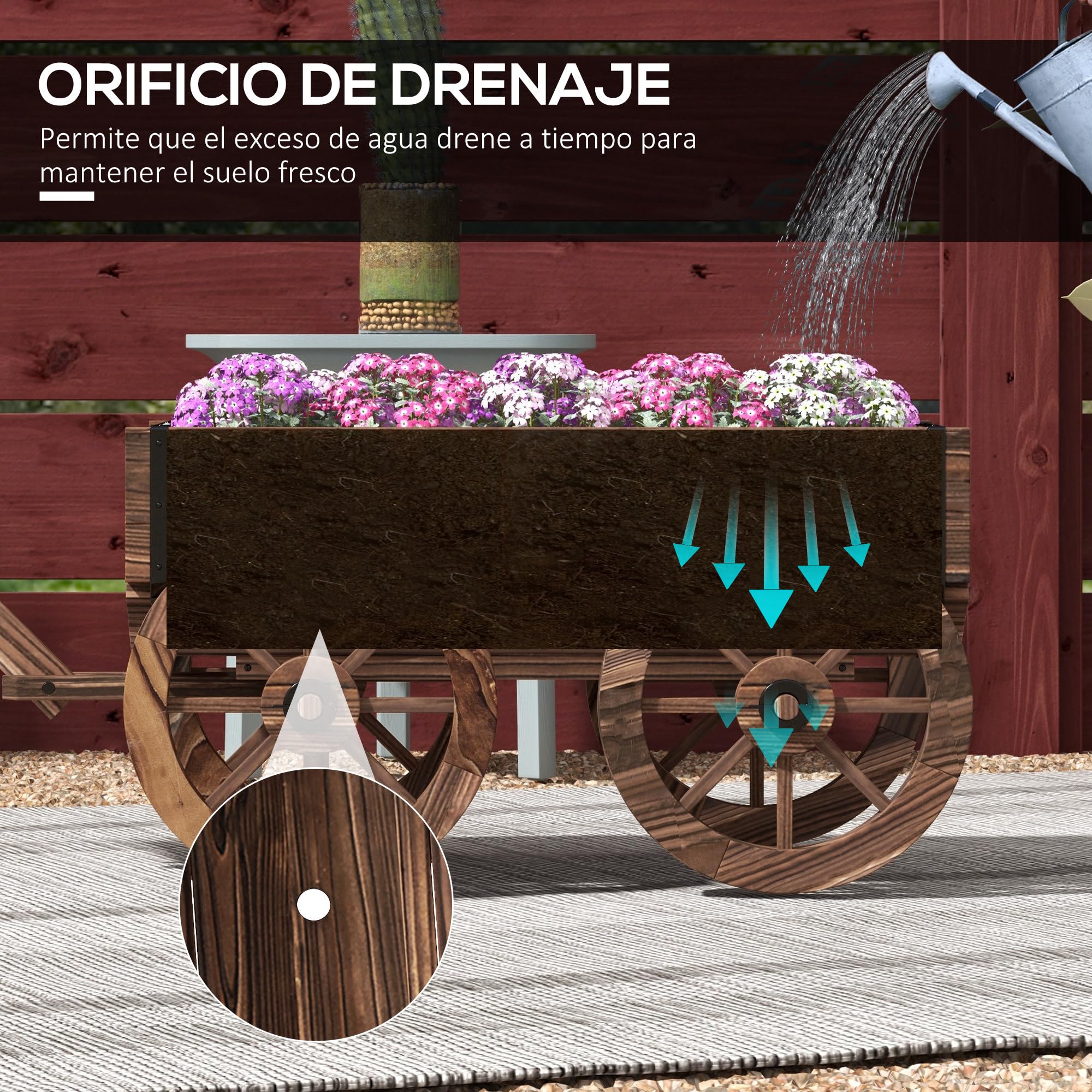 Outsunny Jardinera de Madera Exterior Carrito 120x41x54 cm Carbonizado | Macetero en Forma de Carrito, 4 Ruedas, Mango, para Balcón Jardín Patio