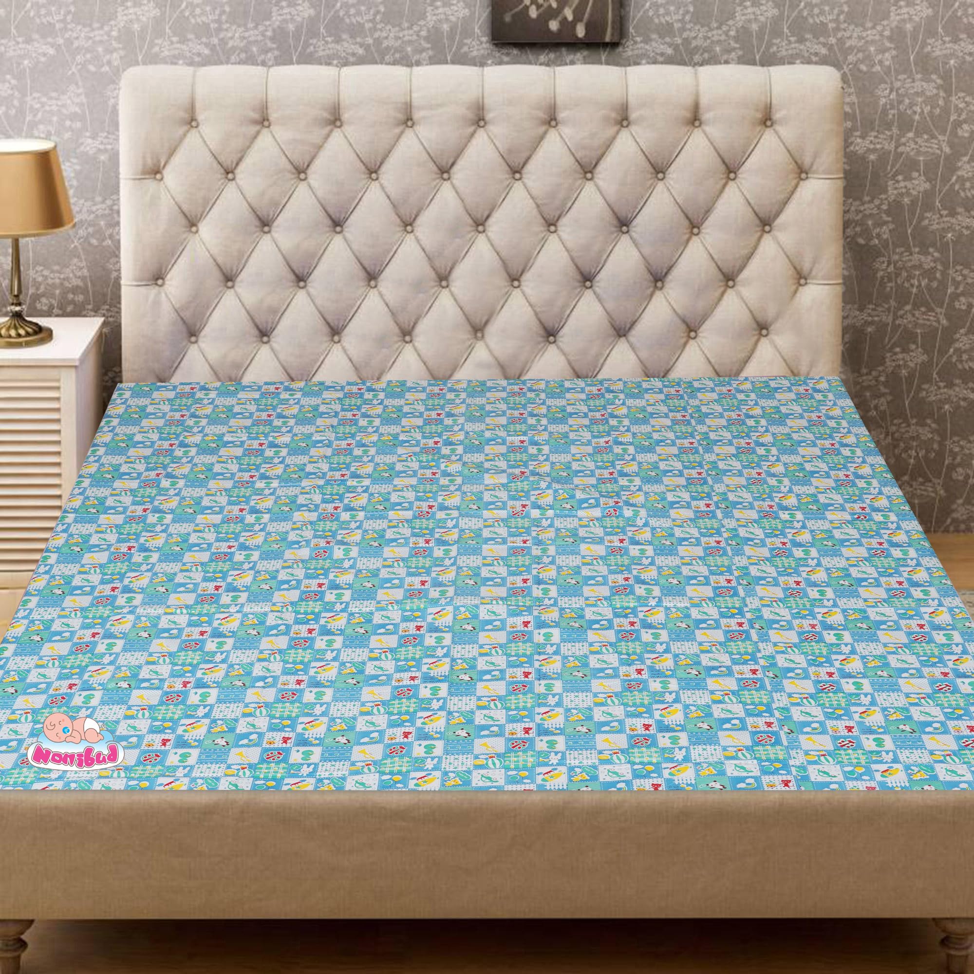 Nonibud Waterproof Noiseless Designer Plastic Mattress Protection Sheet for Baby and Adult - Single Bed Size - 6 ft x 4.5 ft (Sky Blue Rainbow)-image-34
