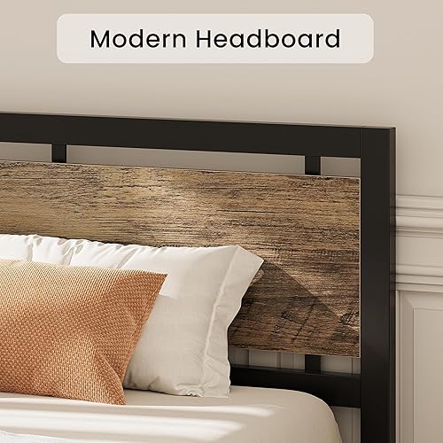 Miniatura 41 de LIKIMIO - Base de cama de plataforma tamaño King con cabecera de madera estilo industrial y 12 fuertes patas de metal de soporte, fácil de montar,