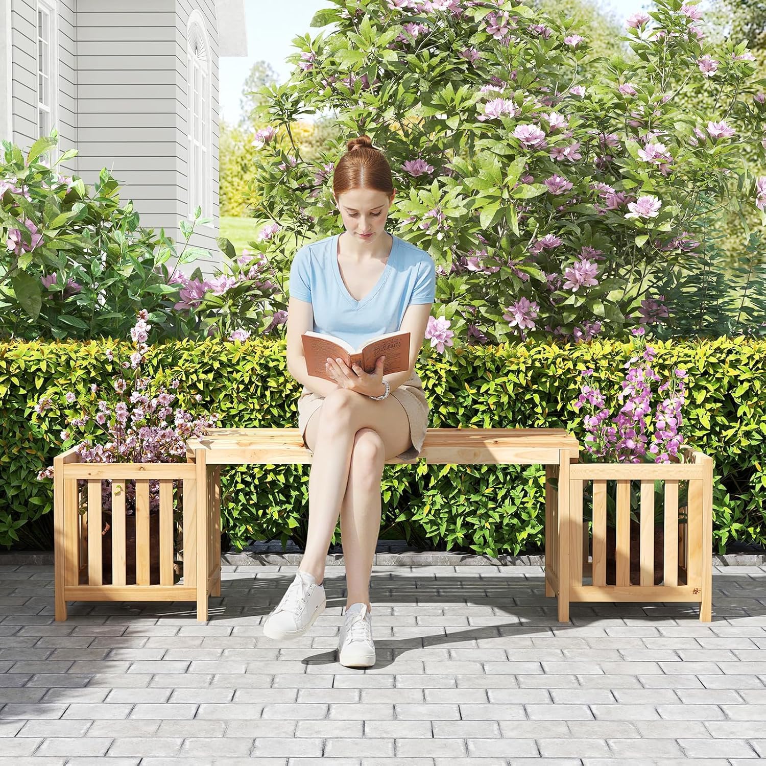 RELAX4LIFE Panchina da Esterno 2-in-1 con 2 Fioriere, Letto da Giardino Rialzato con Seduta per 2 Persone, Base Aperta, Design Scanalato, Panchina con Contenitore per Piante per Veranda Prato