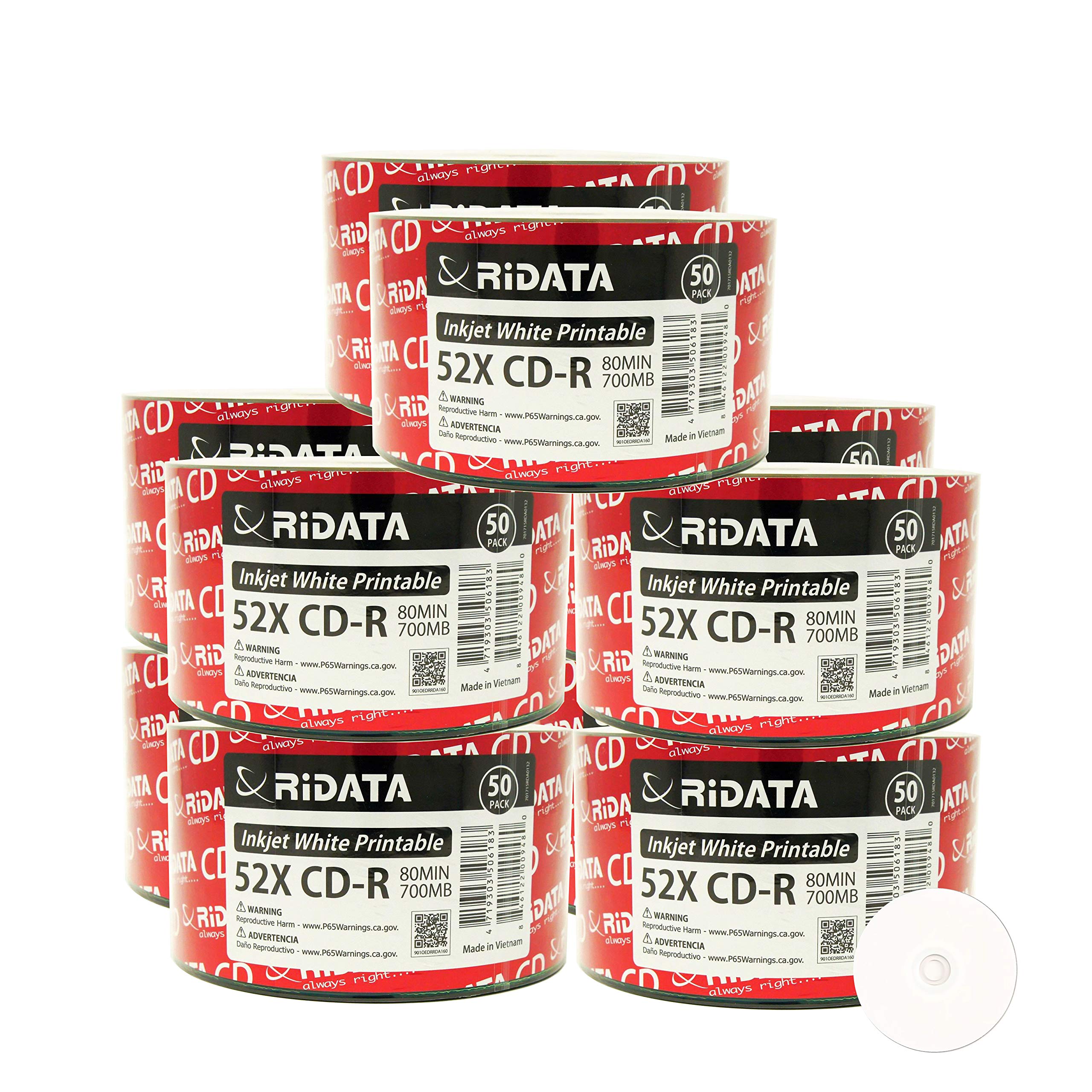 Amazon.com: 500 Pack Ridata CD-R 52X 700MB 80Min White Inkjet Hub